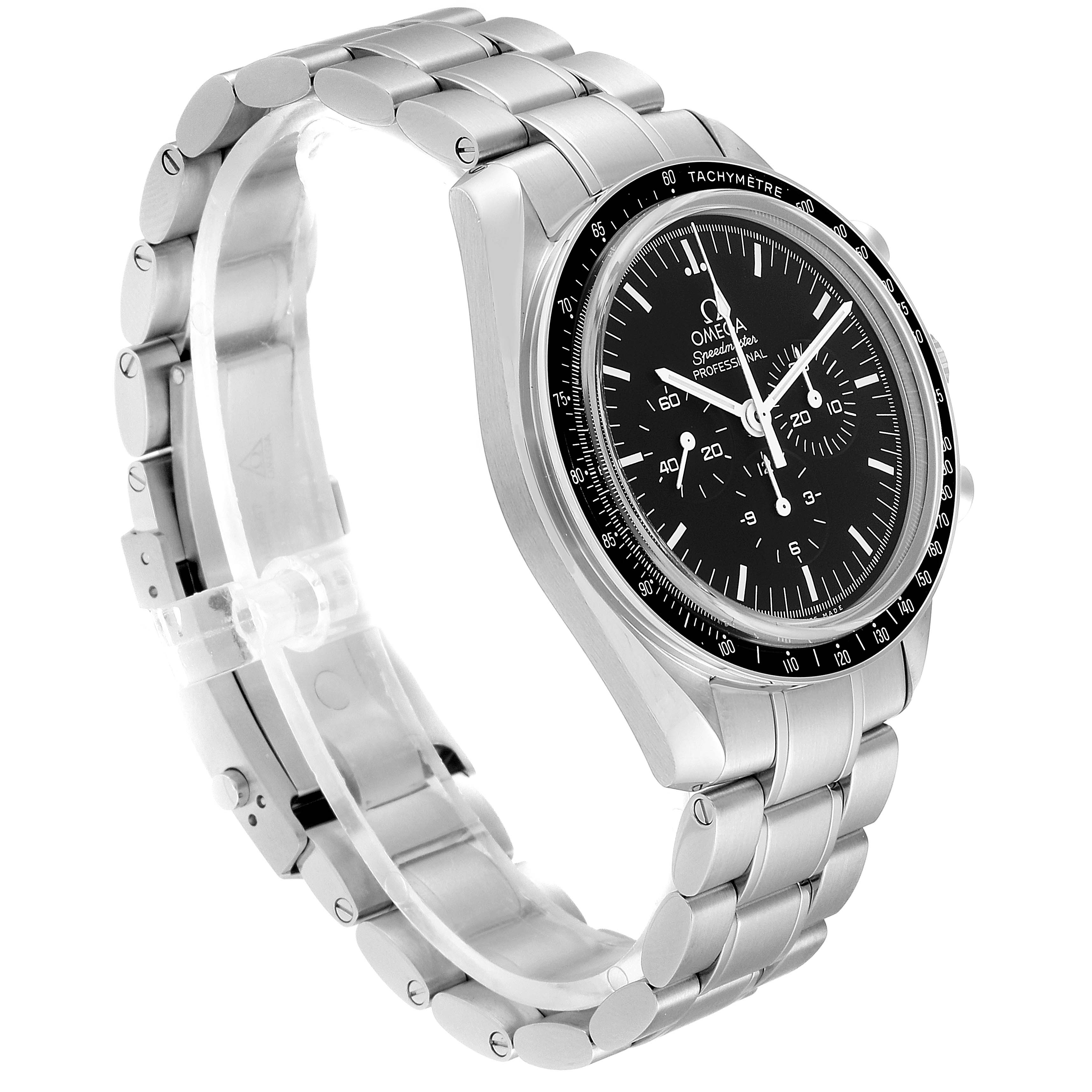 The image shows a side angle of the Omega Speedmaster 311.30.42.30.01.006 Men's Stainless Steel Black Dial 311.30.42.30.01.006 Men's Stainless Steel Black Dial watch displaying its face, bezel, and metal bracelet.