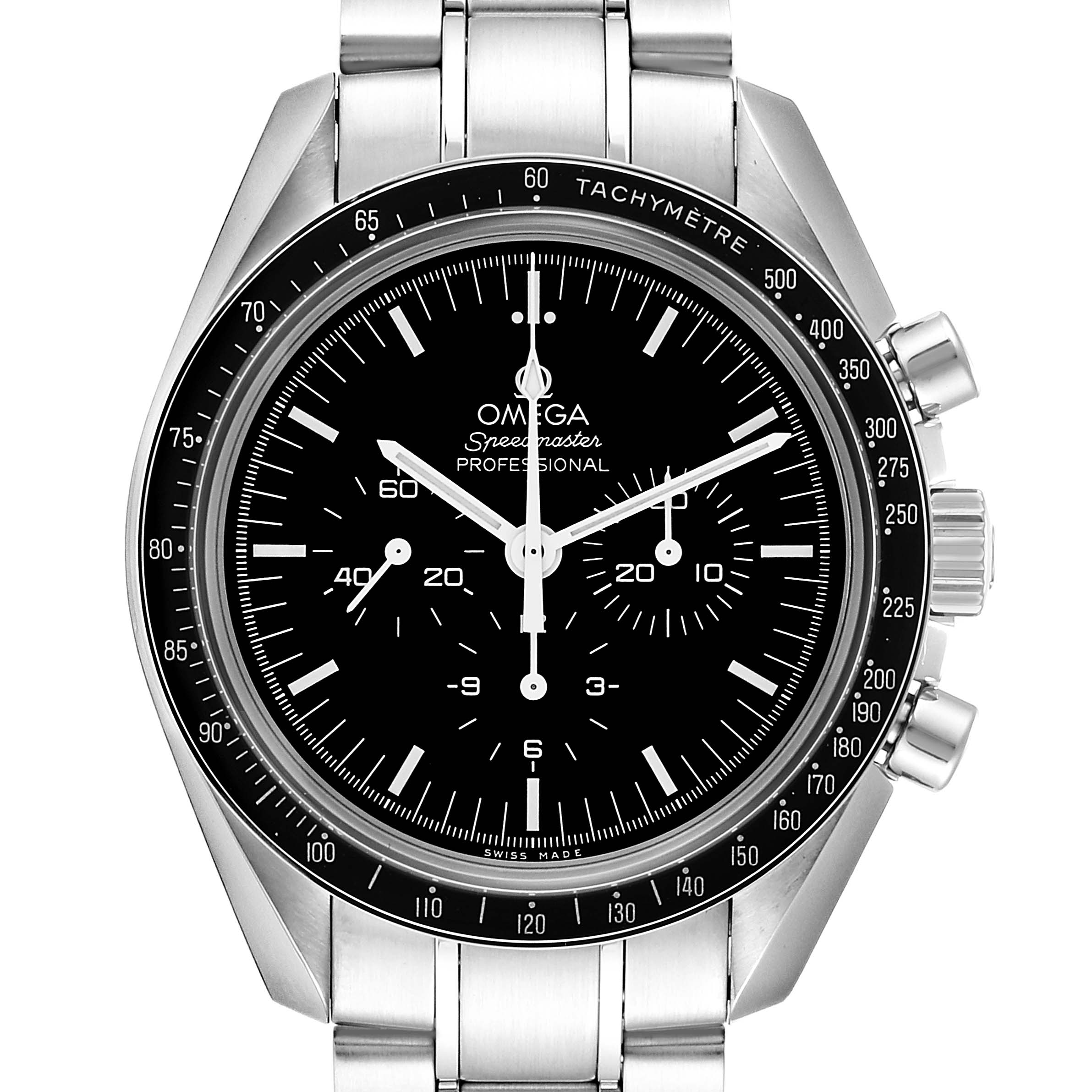 The image shows a frontal view of the Omega Speedmaster 311.30.42.30.01.006 Men's Stainless Steel Black Dial 311.30.42.30.01.006 Men's Stainless Steel Black Dial, highlighting its face, bezel, and stainless steel bracelet.