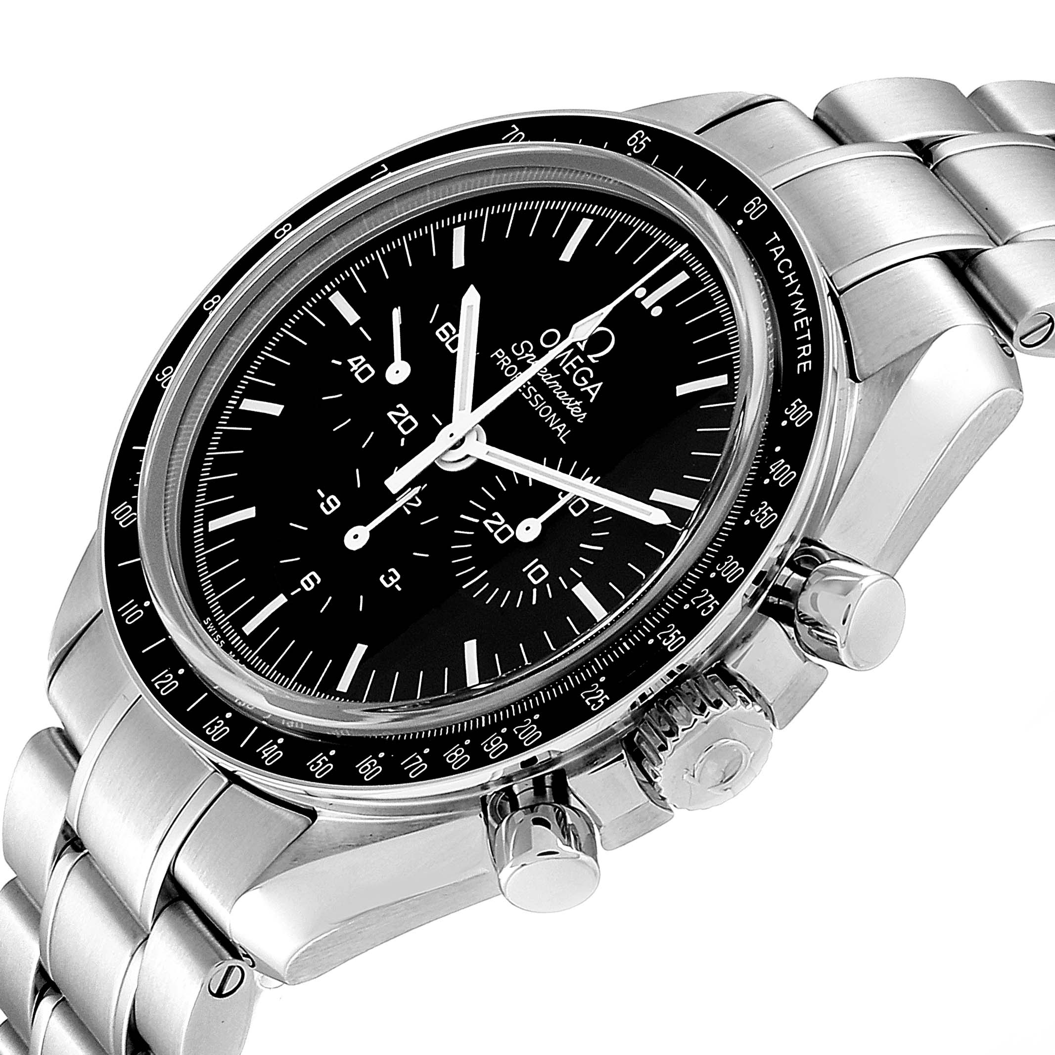 The image shows the face and side view of an Omega Speedmaster 311.30.42.30.01.006 Men's Stainless Steel Black Dial 311.30.42.30.01.006 Men's Stainless Steel Black Dial watch, highlighting its dial, bezel, and stainless steel bracelet.