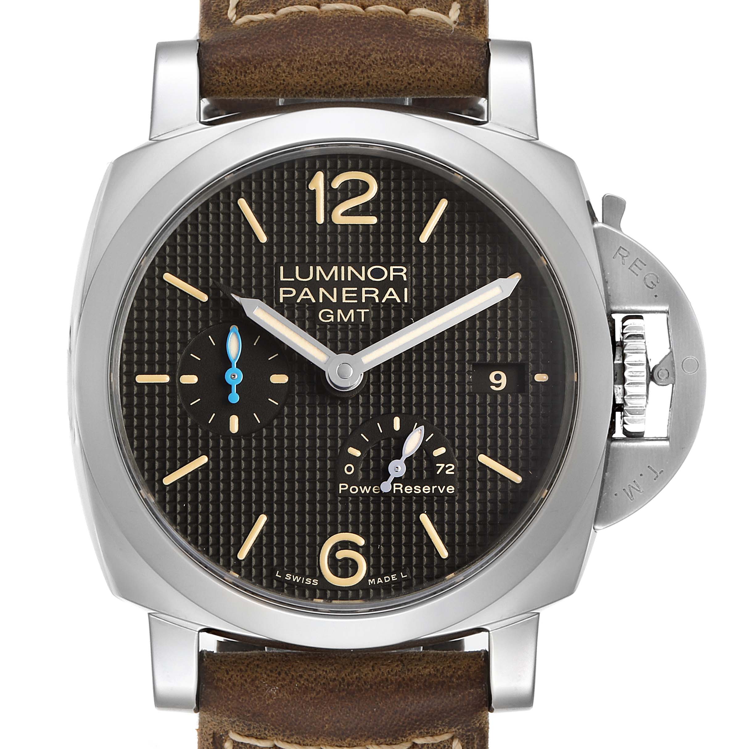 This image shows a Panerai Luminor PAM01537 Men's Stainless Steel Black Dial PAM01537 Men's Stainless Steel Black Dial GMT watch face directly, highlighting its dial, hands, indices, and crown guard.