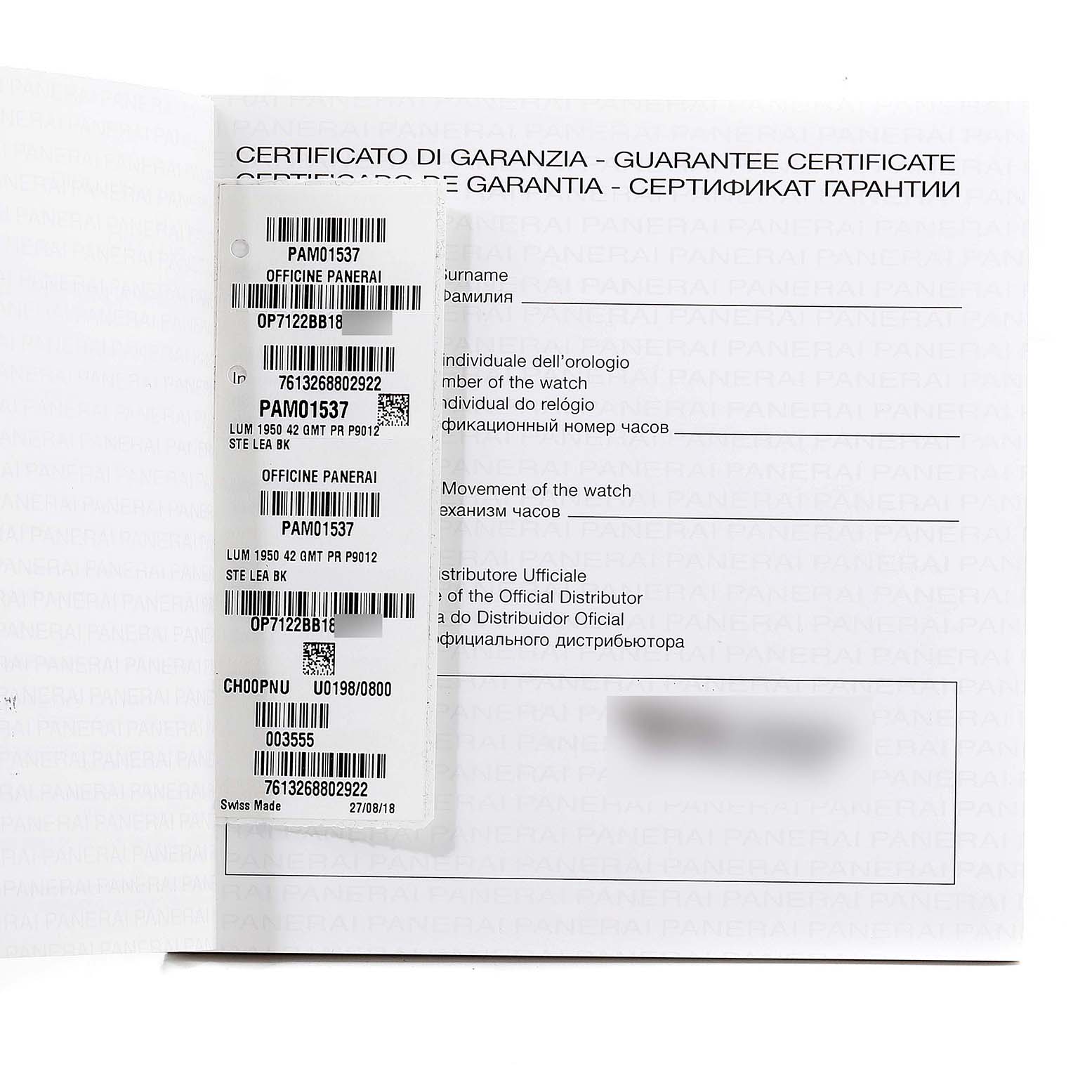 This is a guarantee certificate for a Panerai Luminor PAM01537 Men's Stainless Steel Black Dial PAM01537 Men's Stainless Steel Black Dial model watch, showing the serial and model numbers.