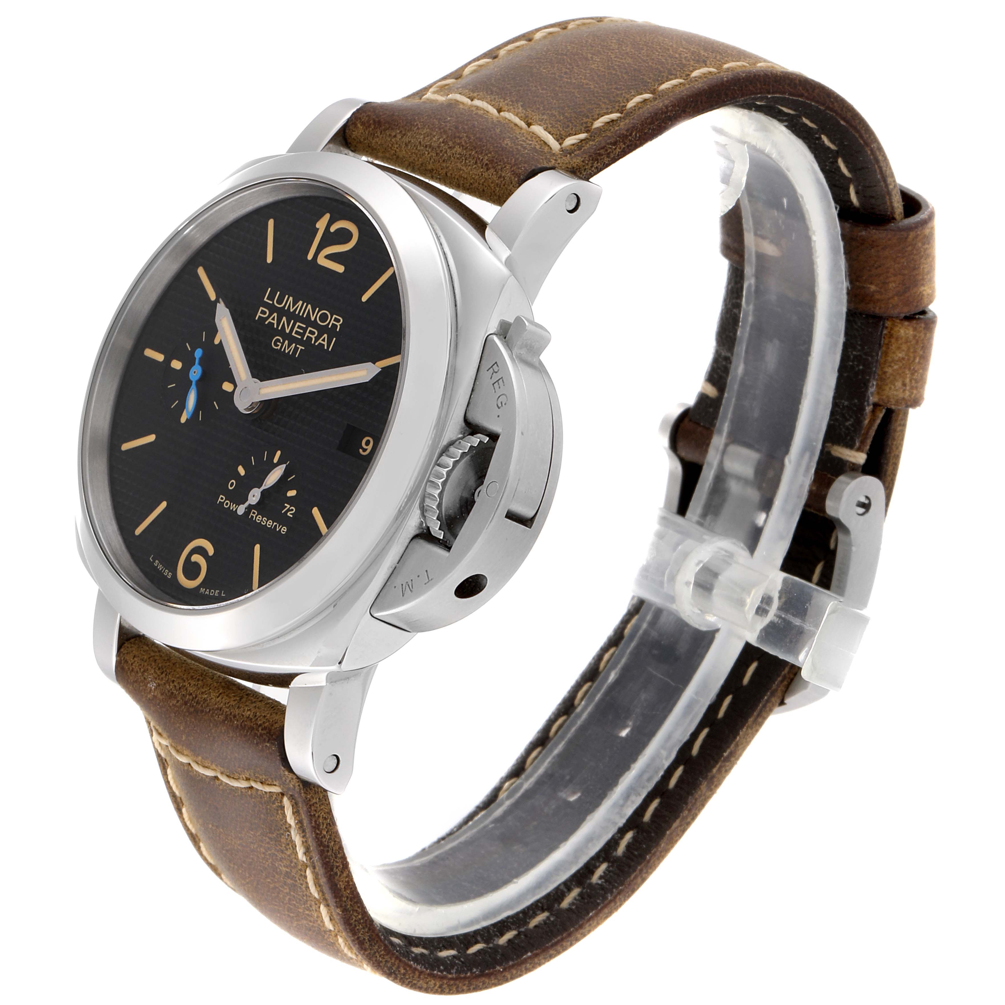 The image shows a side angle view of a Panerai Luminor PAM01537 Men's Stainless Steel Black Dial PAM01537 Men's Stainless Steel Black Dial GMT watch, highlighting its brown leather strap and crown protection device.