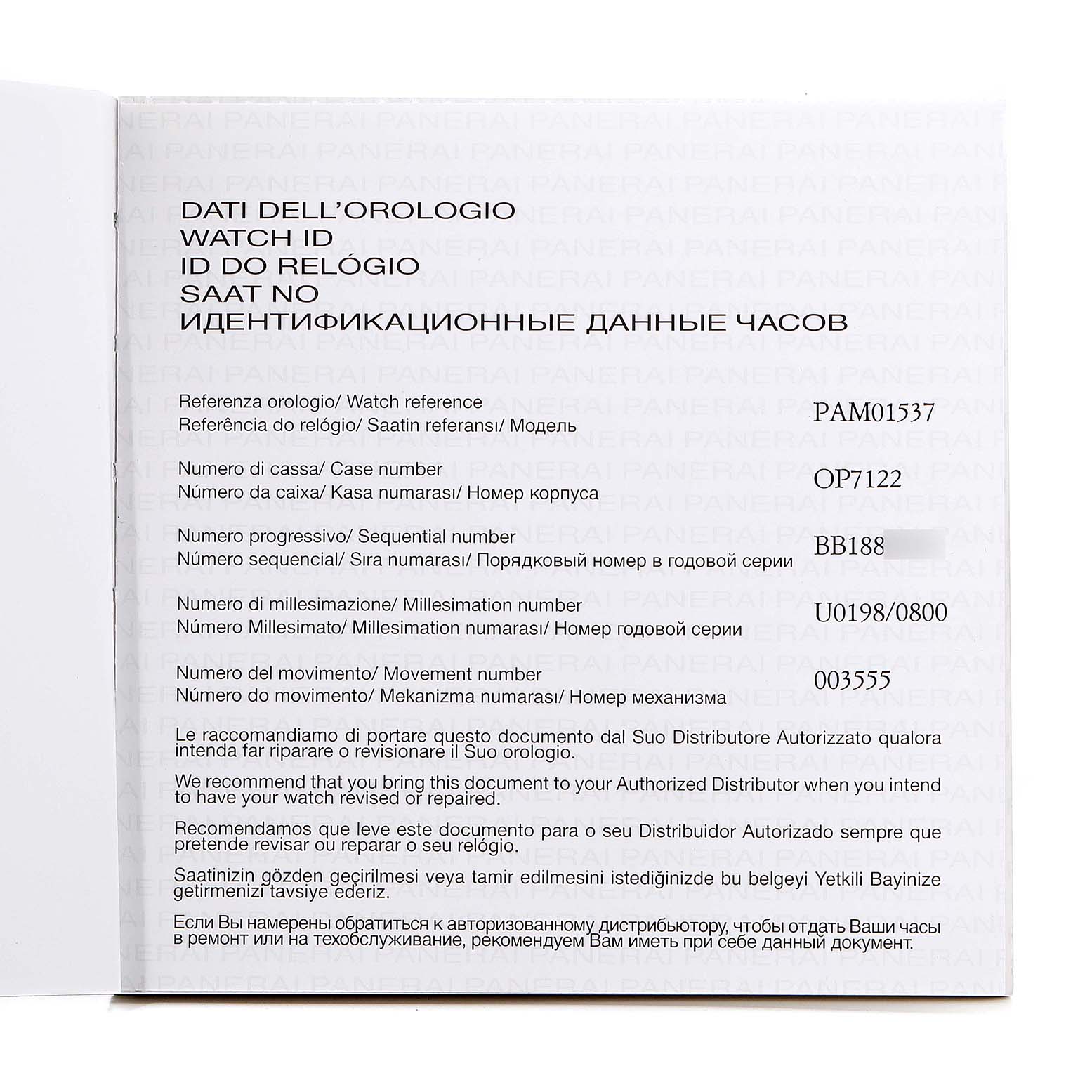 The image displays the identification booklet for a Panerai Luminor PAM01537 Men's Stainless Steel Black Dial PAM01537 Men's Stainless Steel Black Dial model, detailing reference, case number, and sequential number.