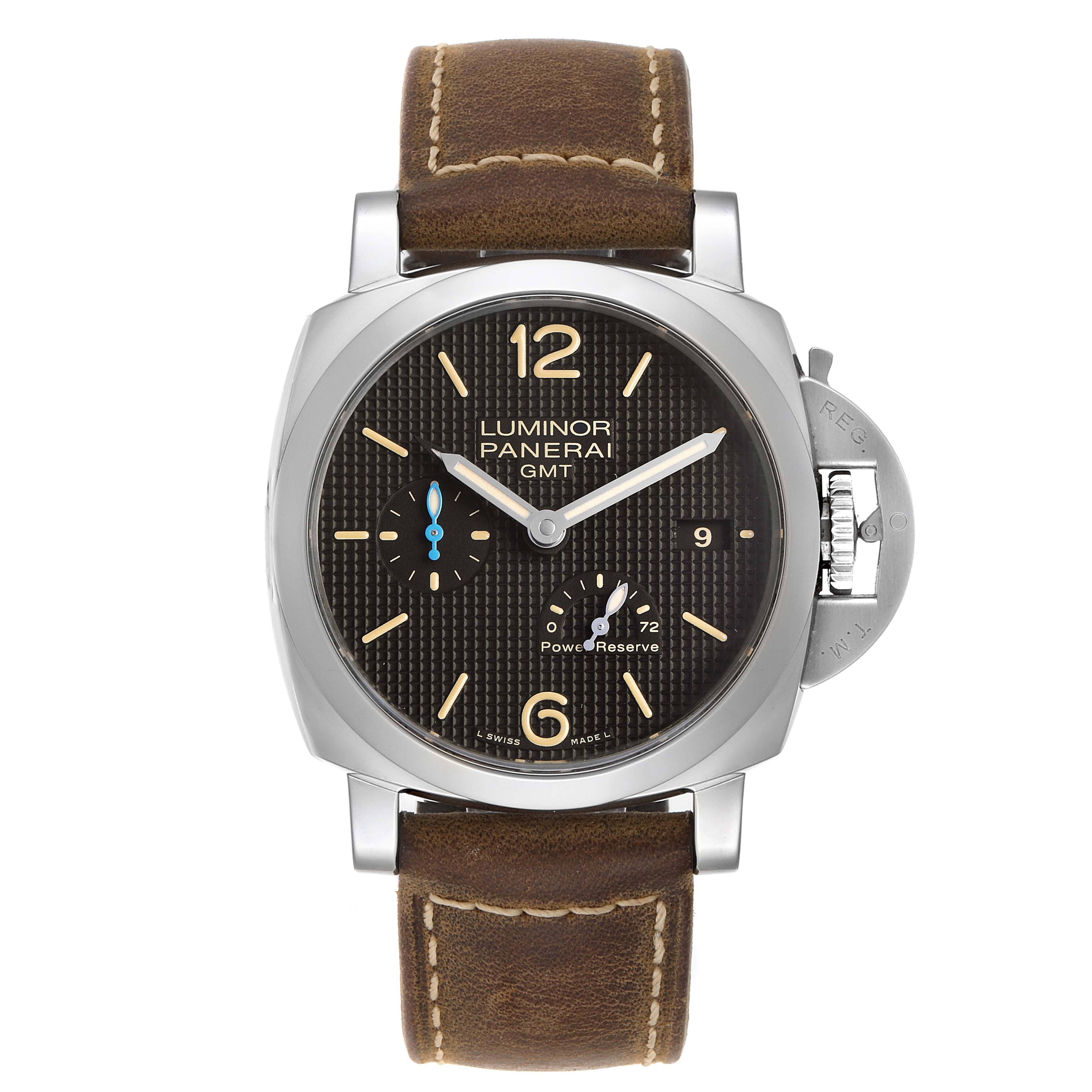 This image shows a frontal view of the Panerai Luminor PAM01537 Men's Stainless Steel Black Dial PAM01537 Men's Stainless Steel Black Dial watch, displaying its face, dial, and brown leather strap.