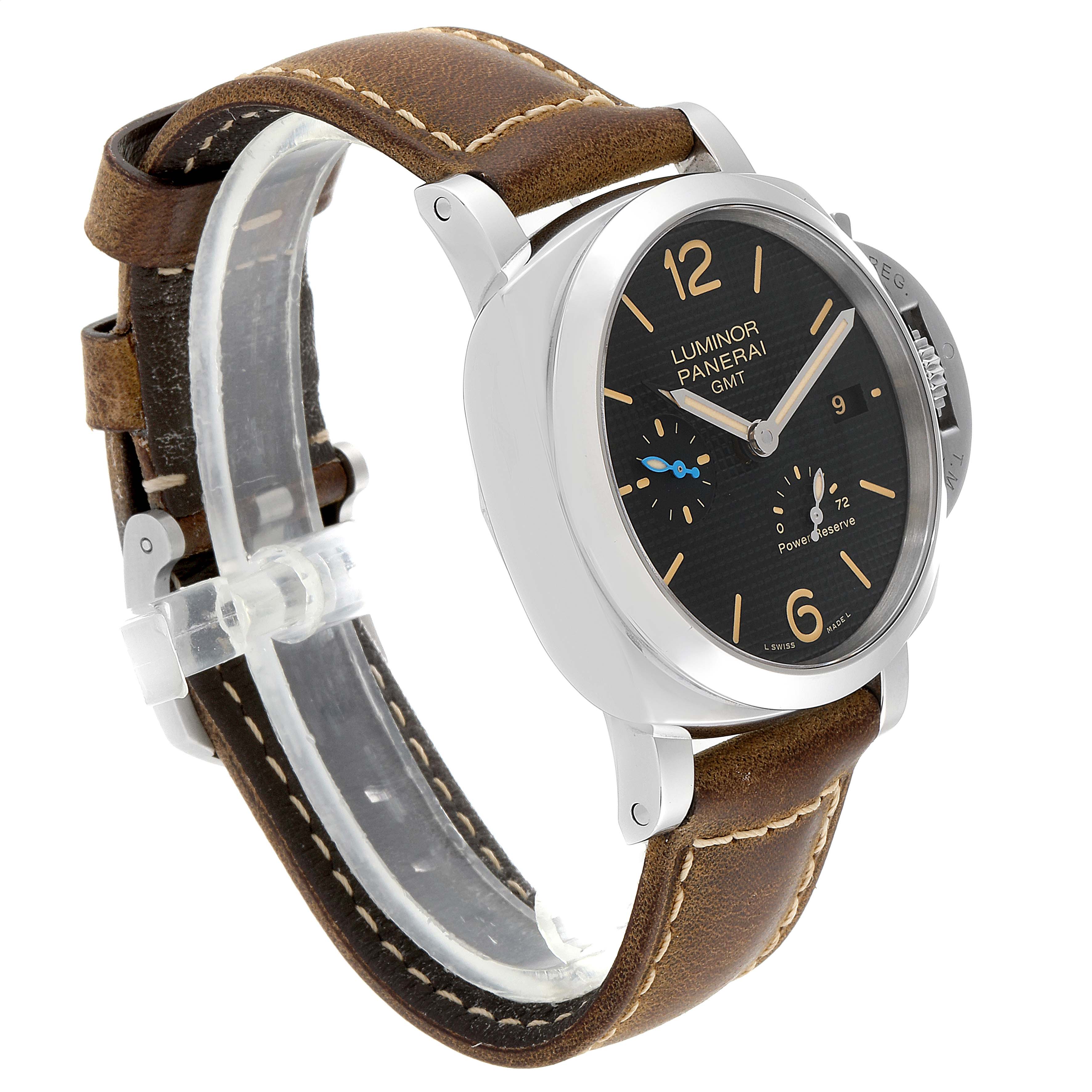 The image shows a side-angle view of a Panerai Luminor PAM01537 Men's Stainless Steel Black Dial PAM01537 Men's Stainless Steel Black Dial watch with a brown leather strap and detailed dial features.