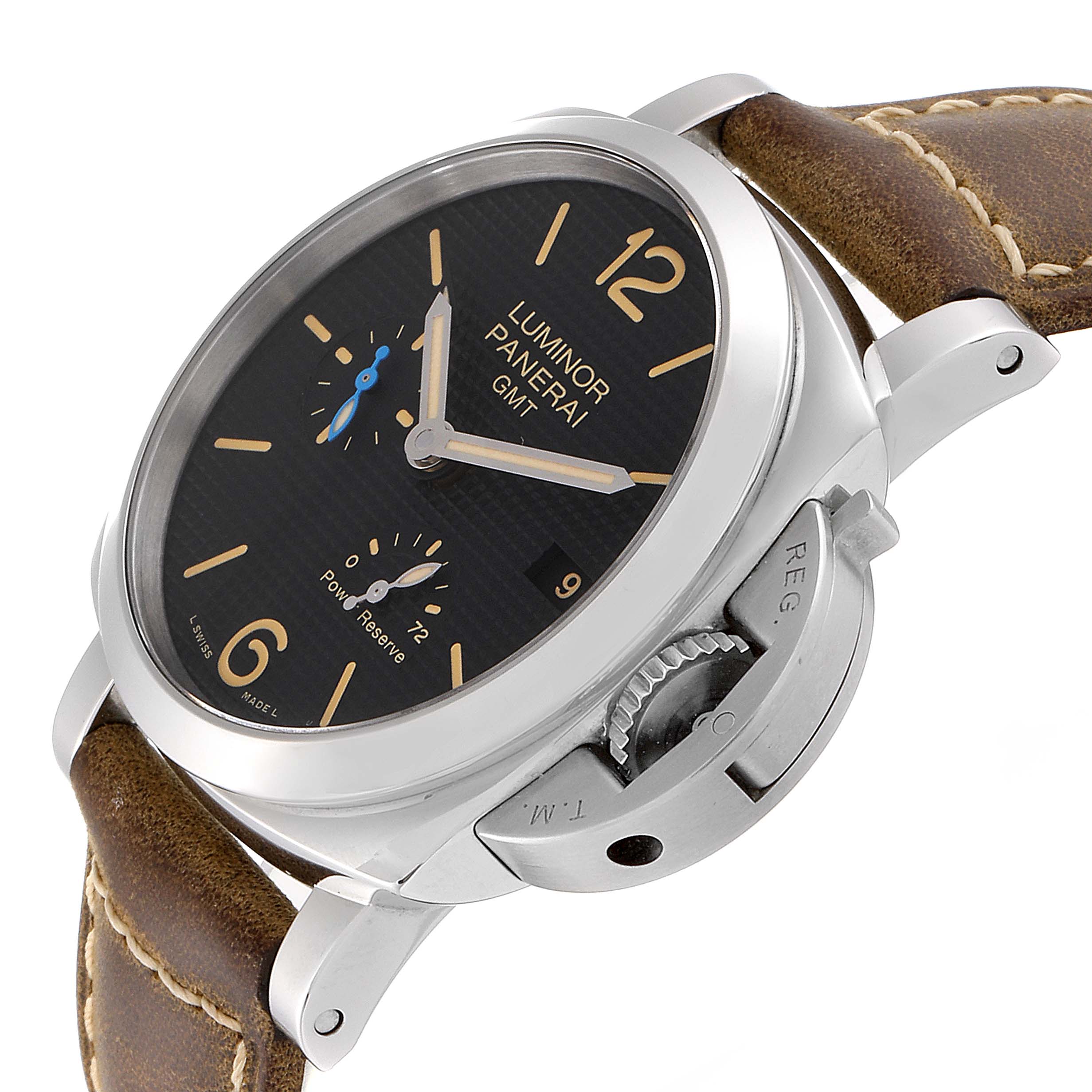 The image shows the Panerai Luminor PAM01537 Men's Stainless Steel Black Dial PAM01537 Men's Stainless Steel Black Dial model watch from an angle highlighting its dial, bezel, crown guard, and leather strap.