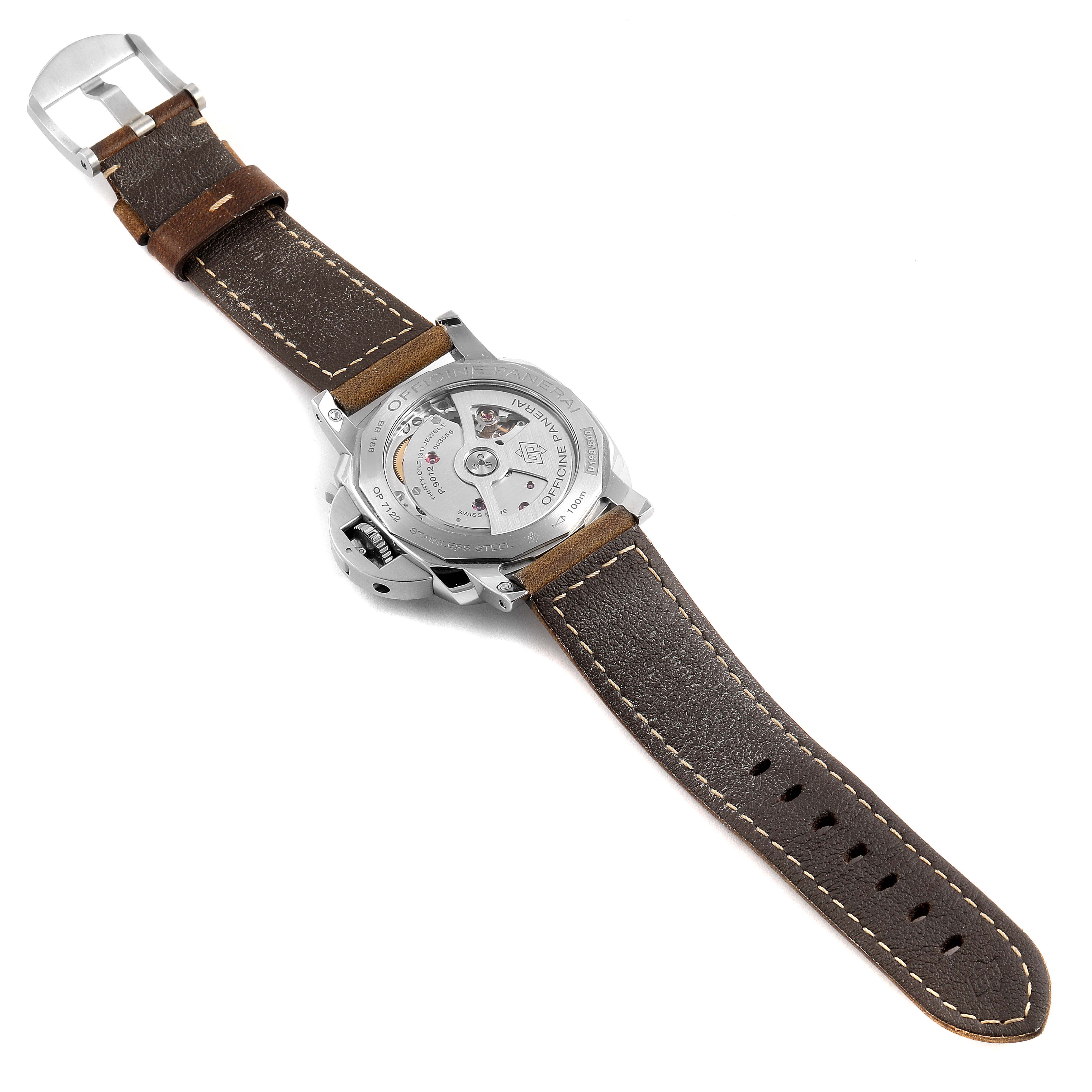 The image shows the backside and strap of a Panerai Luminor PAM01537 Men's Stainless Steel Black Dial PAM01537 Men's Stainless Steel Black Dial watch, highlighting the movement and case back.