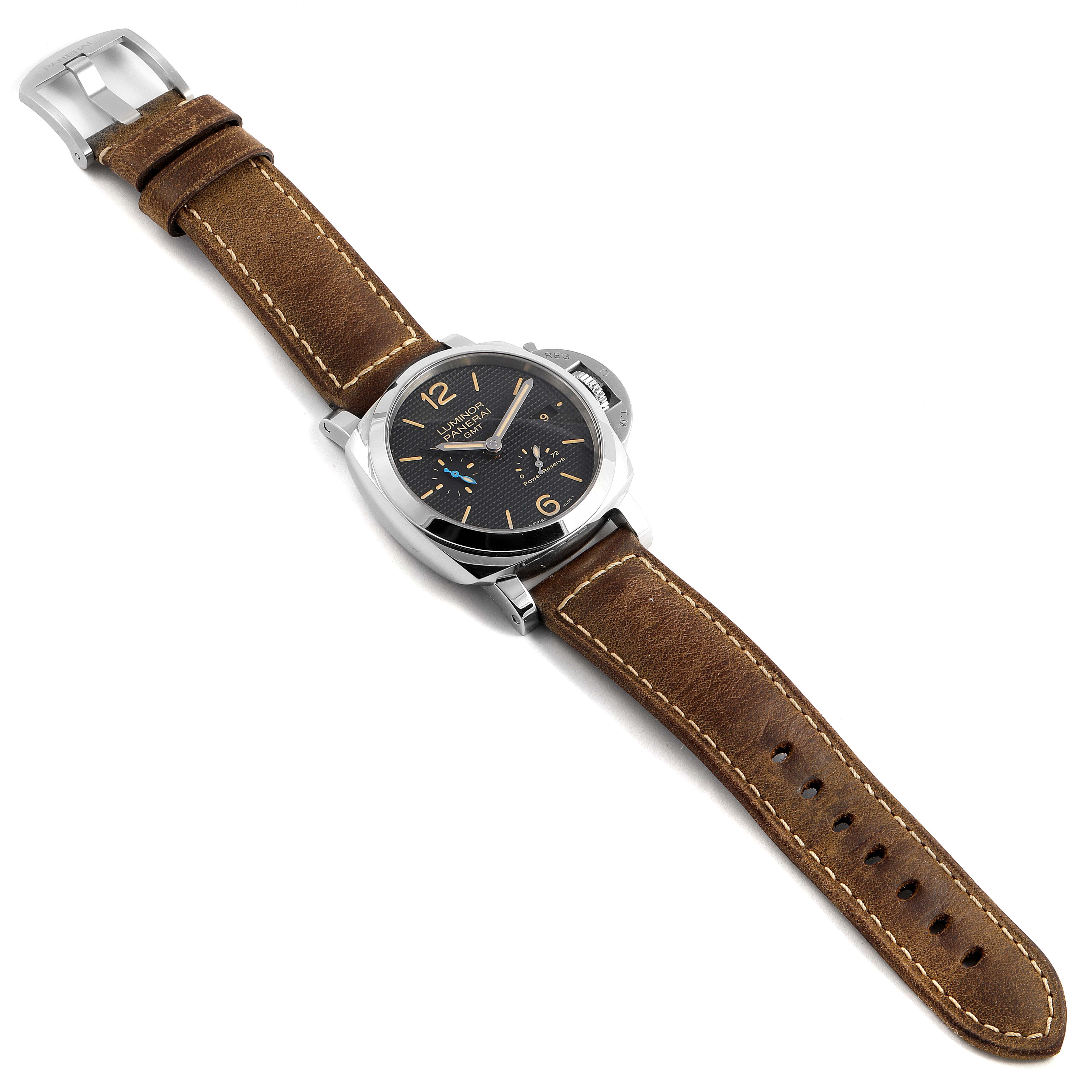 The image shows a top view of a Panerai Luminor PAM01537 Men's Stainless Steel Black Dial PAM01537 Men's Stainless Steel Black Dial watch with a brown leather strap and black dial.