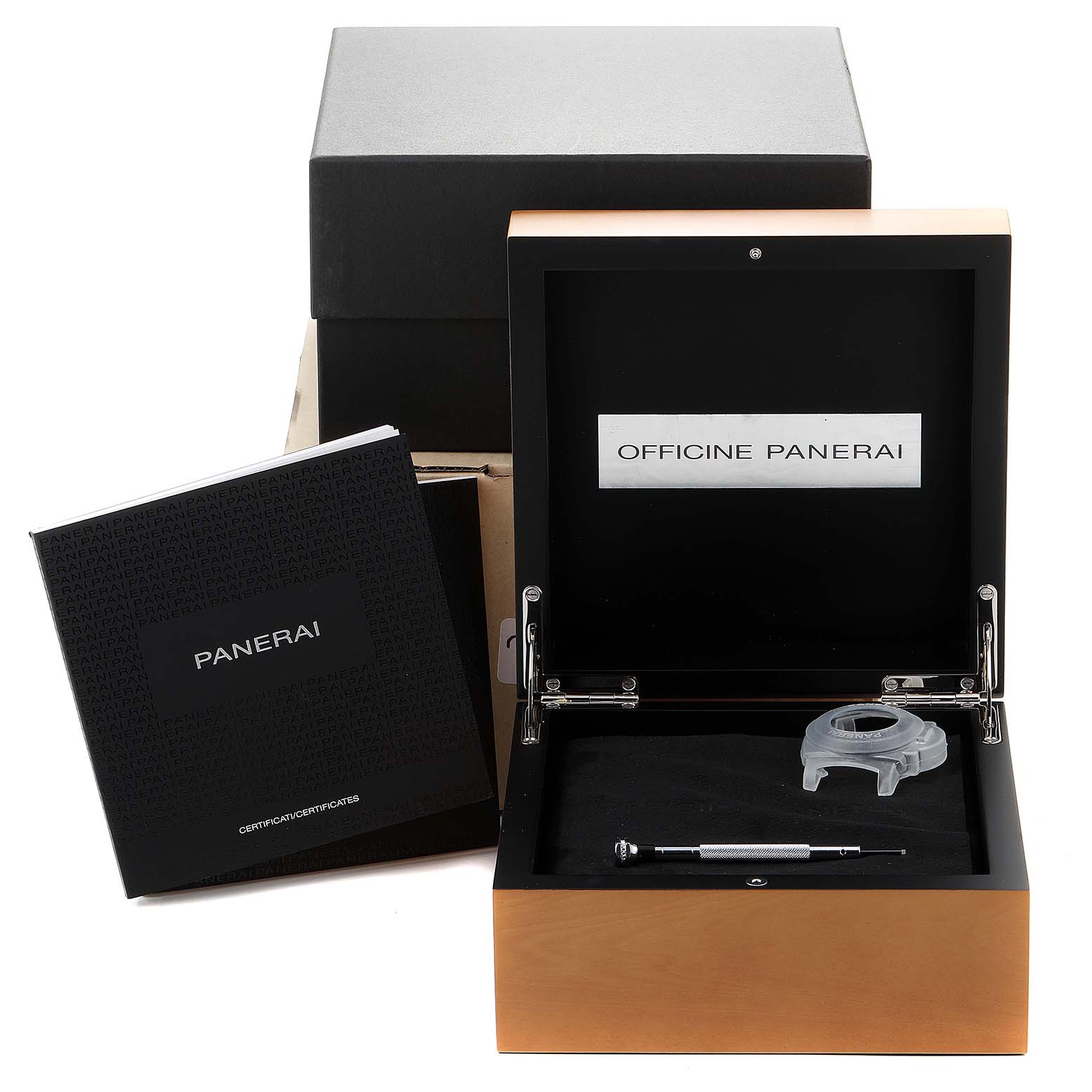 The image shows an open presentation box for a Panerai Luminor PAM01537 Men's Stainless Steel Black Dial PAM01537 Men's Stainless Steel Black Dial watch, with a manual, a tool, and an additional watch case.