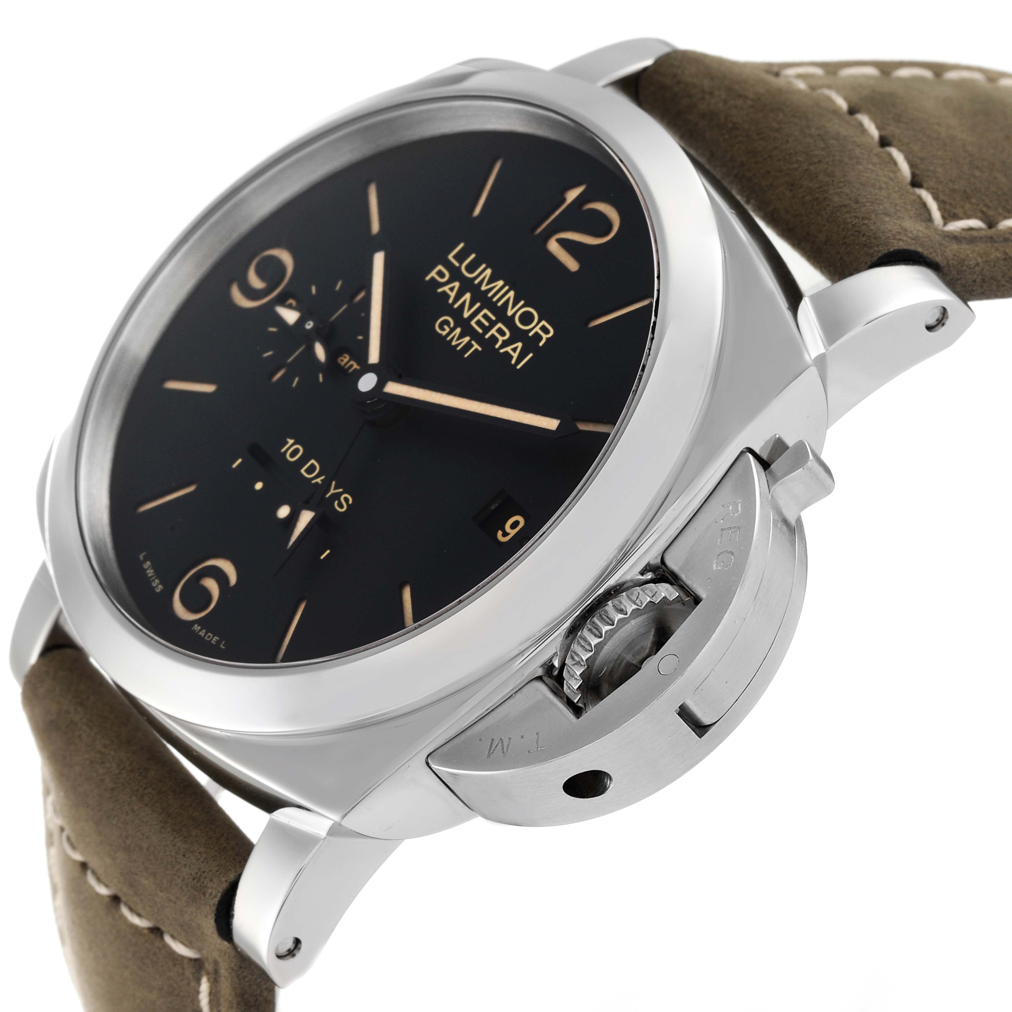The image shows a Panerai Luminor PAM00533 Men's Stainless Steel Black Dial PAM00533 Men's Stainless Steel Black Dial watch at an oblique angle, highlighting its dial, crown guard, and partially visible strap.