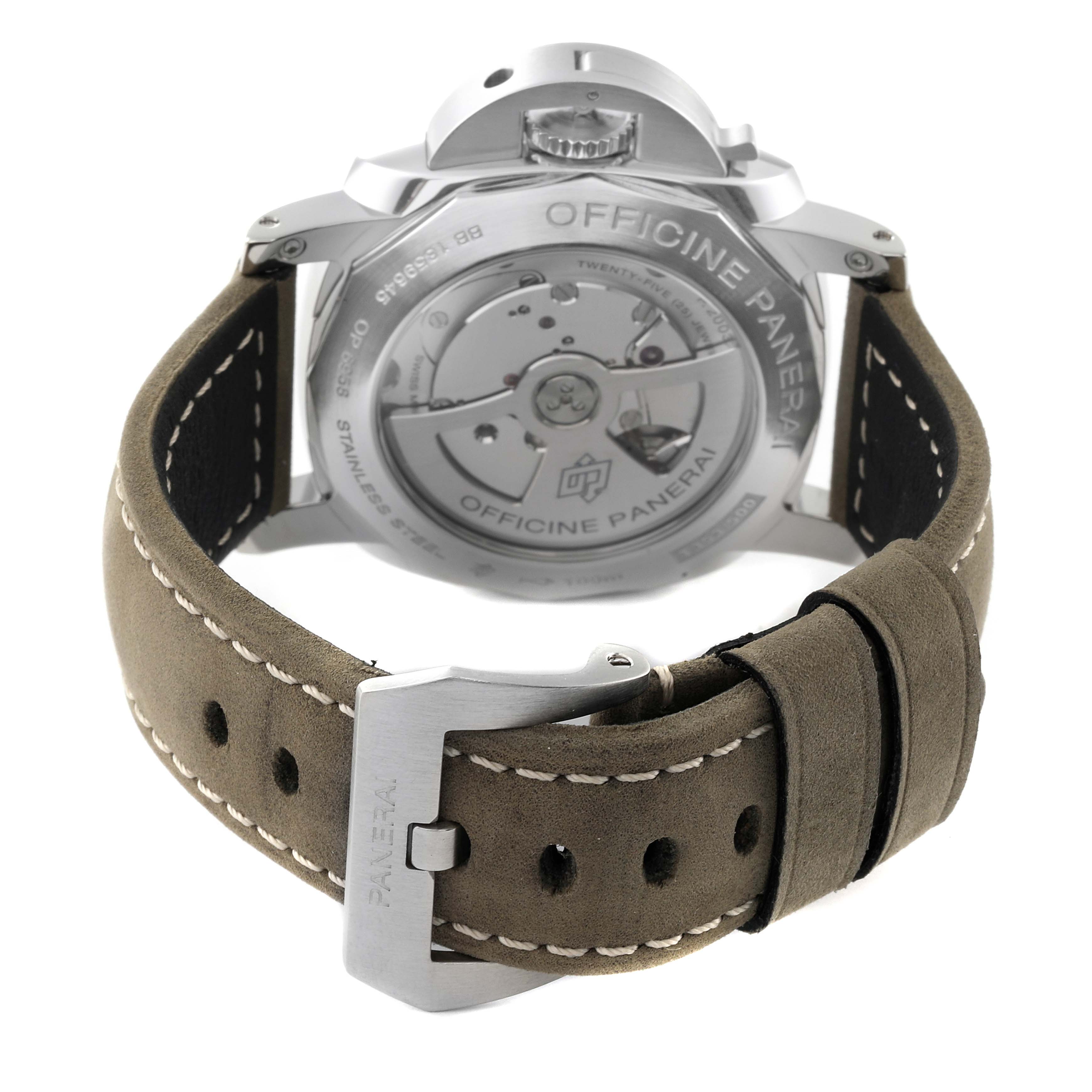 This image shows the back case and buckle of a Panerai Luminor PAM00533 Men's Stainless Steel Black Dial PAM00533 Men's Stainless Steel Black Dial watch at an angle displaying the movement.