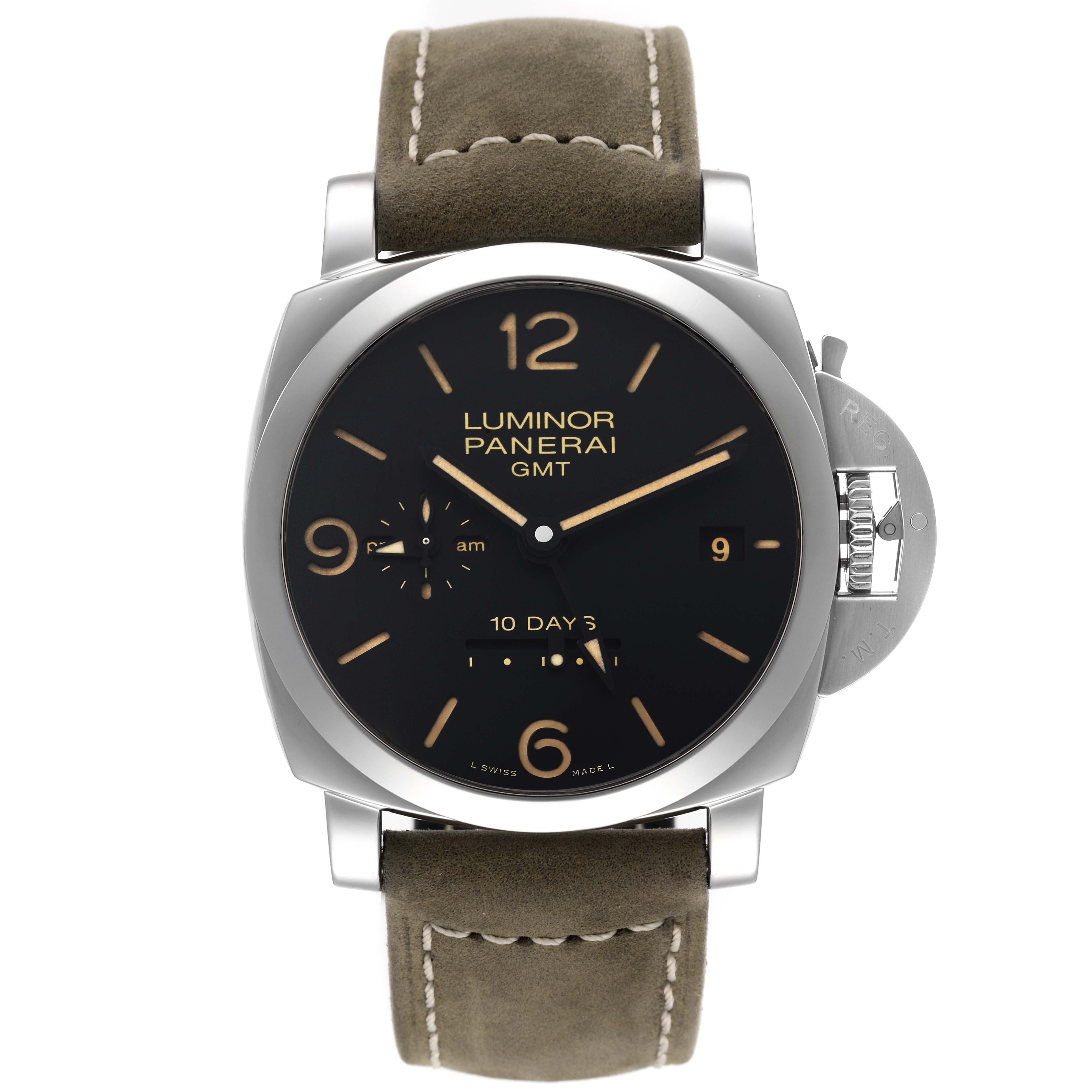 The image shows a front view of a Panerai Luminor PAM00533 Men's Stainless Steel Black Dial PAM00533 Men's Stainless Steel Black Dial GMT watch, displaying the face, dial, hands, and strap.