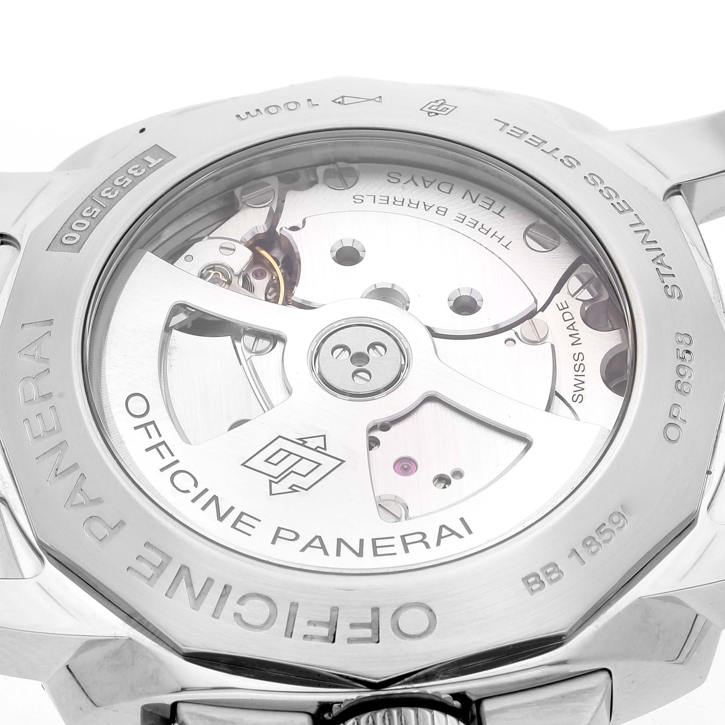 The image shows the rear view of a Panerai Luminor PAM00533 Men's Stainless Steel Black Dial PAM00533 Men's Stainless Steel Black Dial watch, revealing its internal mechanical movement and engraved details.