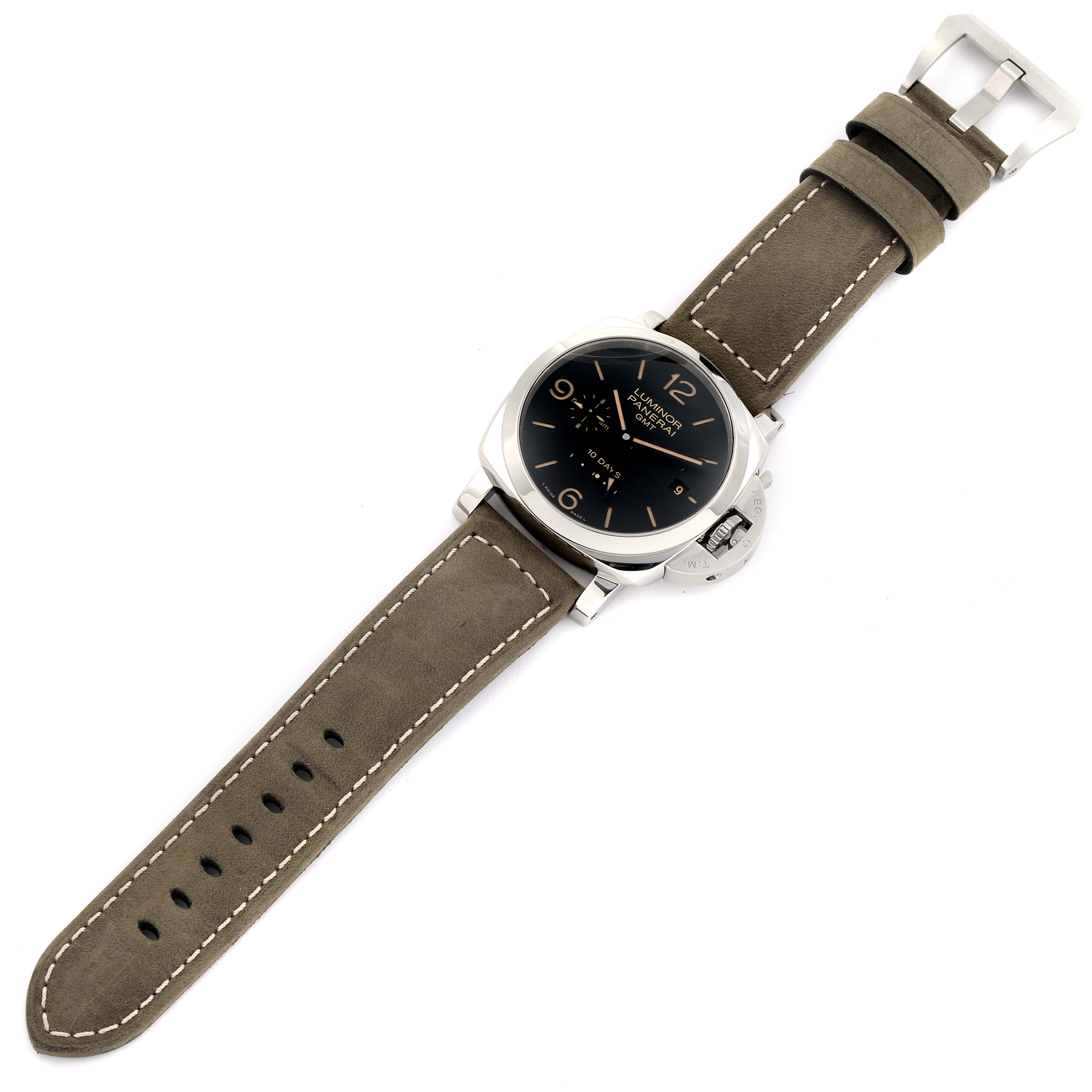 The image displays a top view of a Panerai Luminor PAM00533 Men's Stainless Steel Black Dial PAM00533 Men's Stainless Steel Black Dial watch, showing its face, leather strap, and buckle.