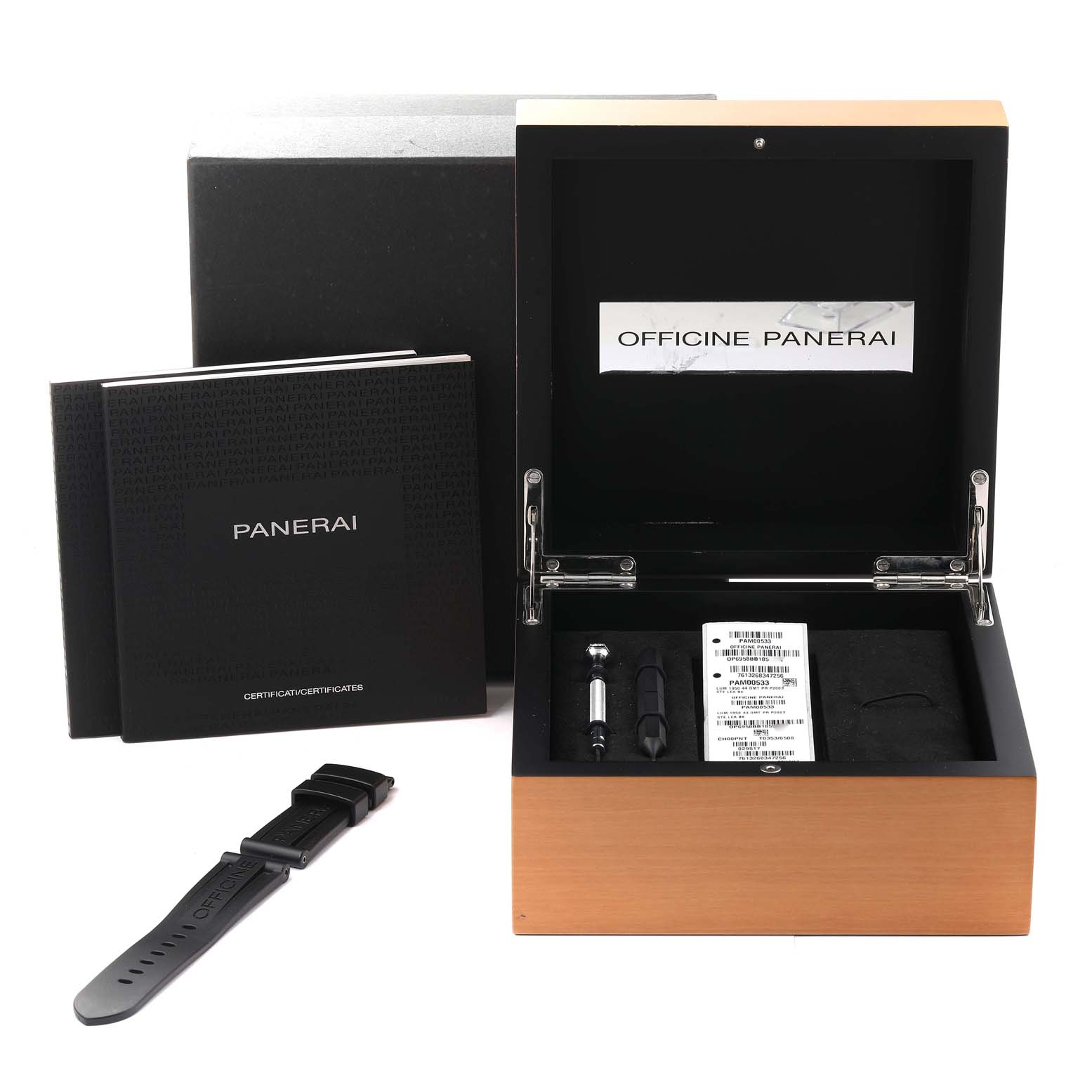 The image shows a Panerai Luminor PAM00533 Men's Stainless Steel Black Dial PAM00533 Men's Stainless Steel Black Dial watch box, manuals, additional strap, and tools at a front angle.