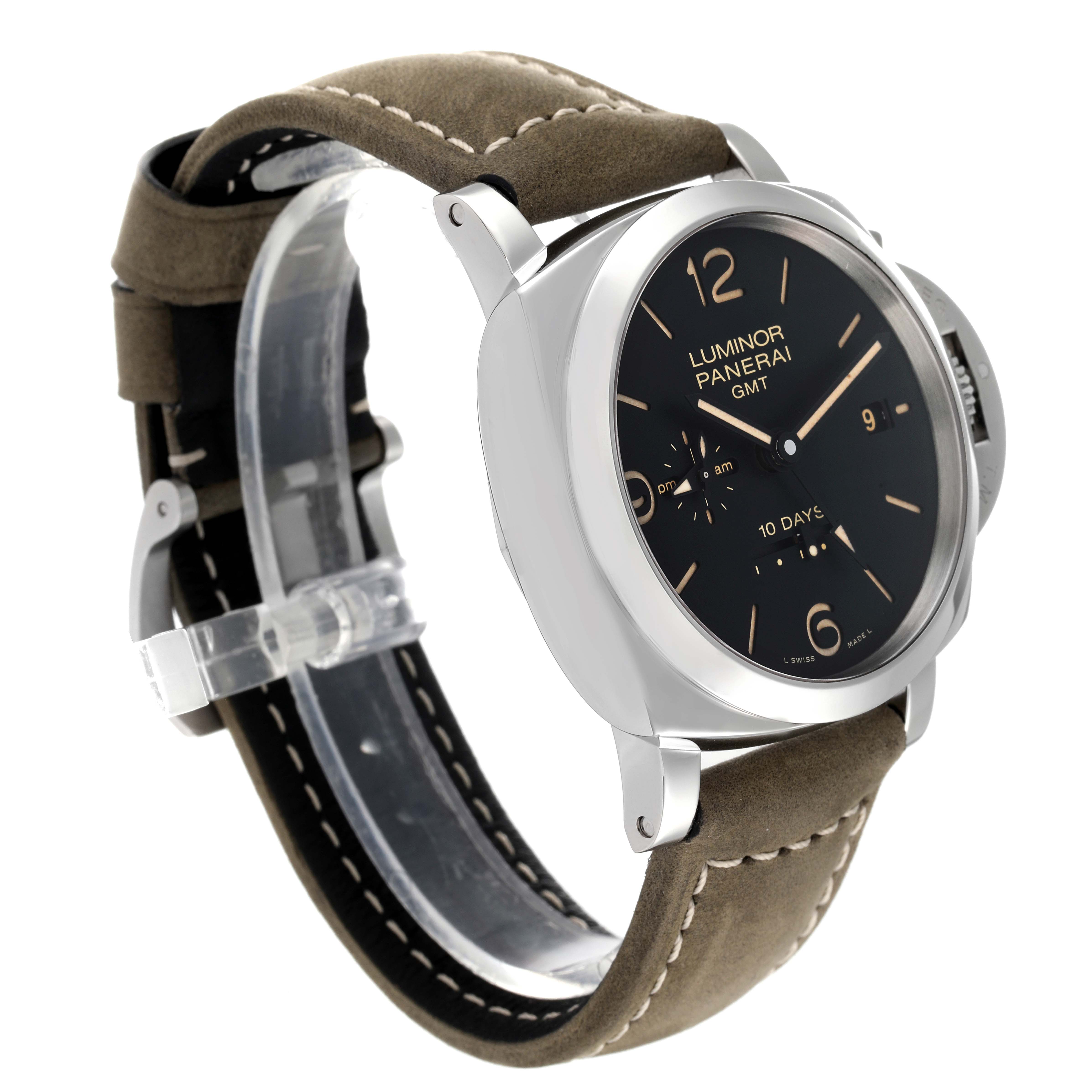 This image shows the Panerai Luminor PAM00533 Men's Stainless Steel Black Dial PAM00533 Men's Stainless Steel Black Dial model watch from an angled side view, highlighting the dial, bezel, and strap.