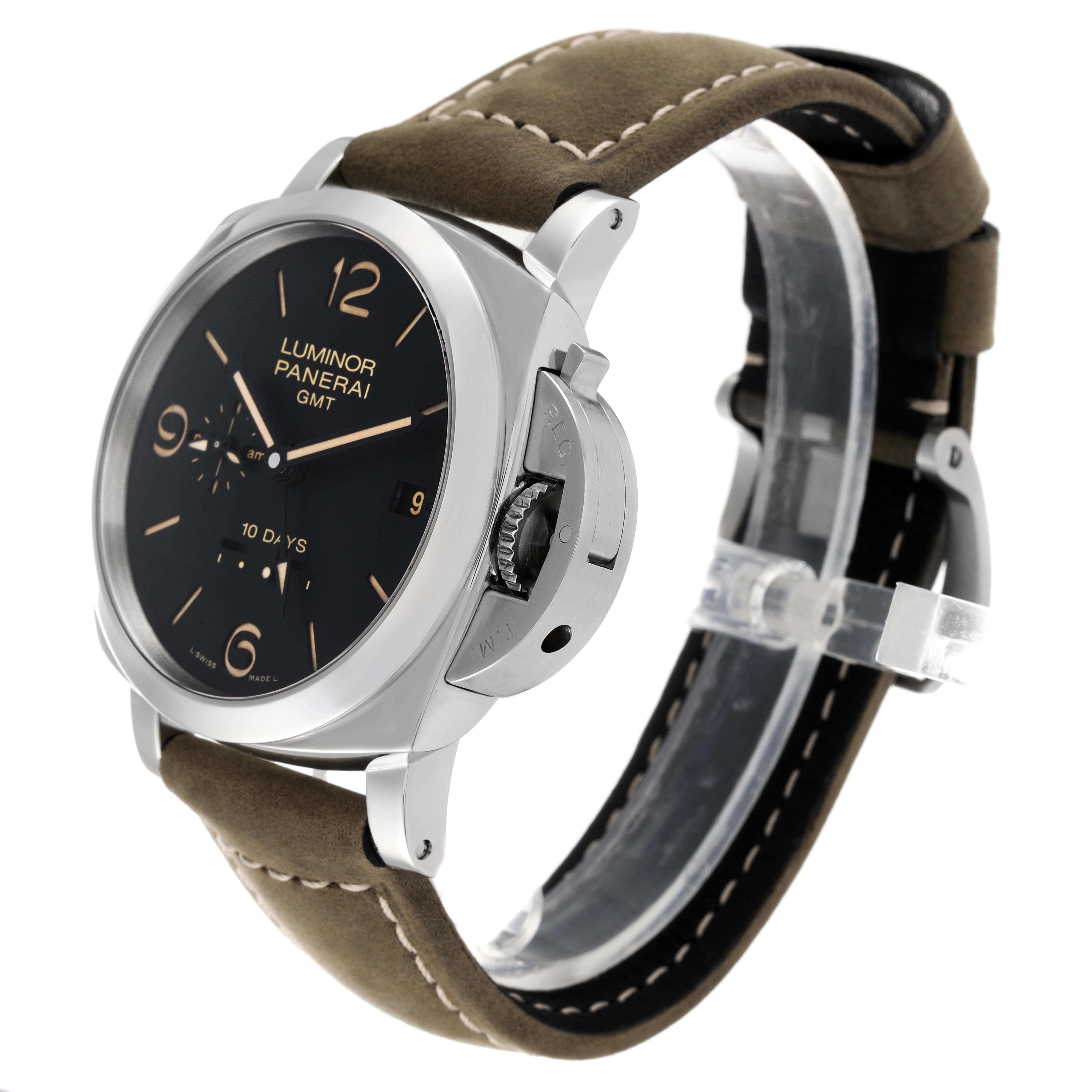 The image shows a side angle of a Panerai Luminor PAM00533 Men's Stainless Steel Black Dial PAM00533 Men's Stainless Steel Black Dial GMT watch, highlighting the face, crown guard, and brown leather strap.