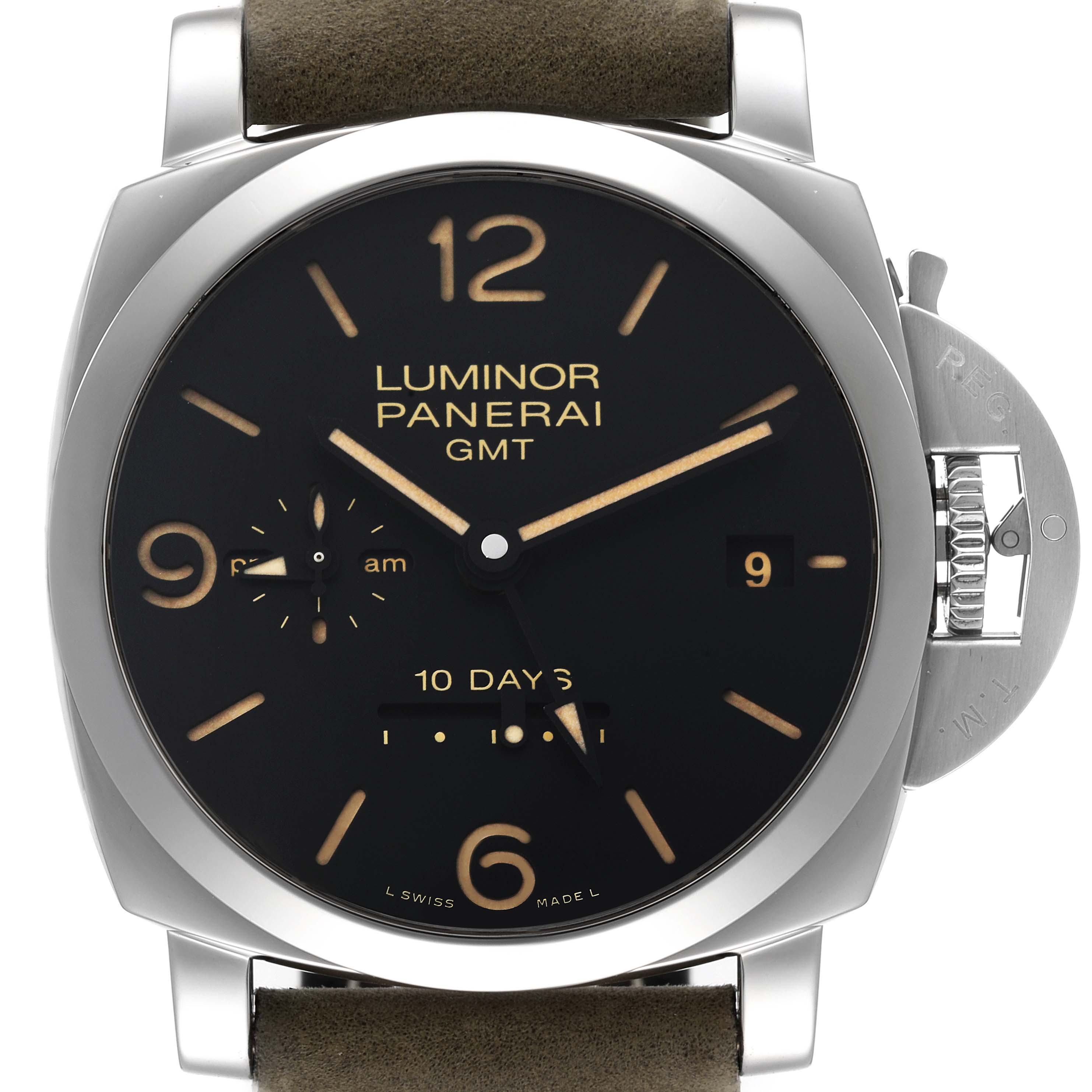 The image shows a front view of a Panerai Luminor PAM00533 Men's Stainless Steel Black Dial PAM00533 Men's Stainless Steel Black Dial GMT watch, displaying the dial and crown protector.