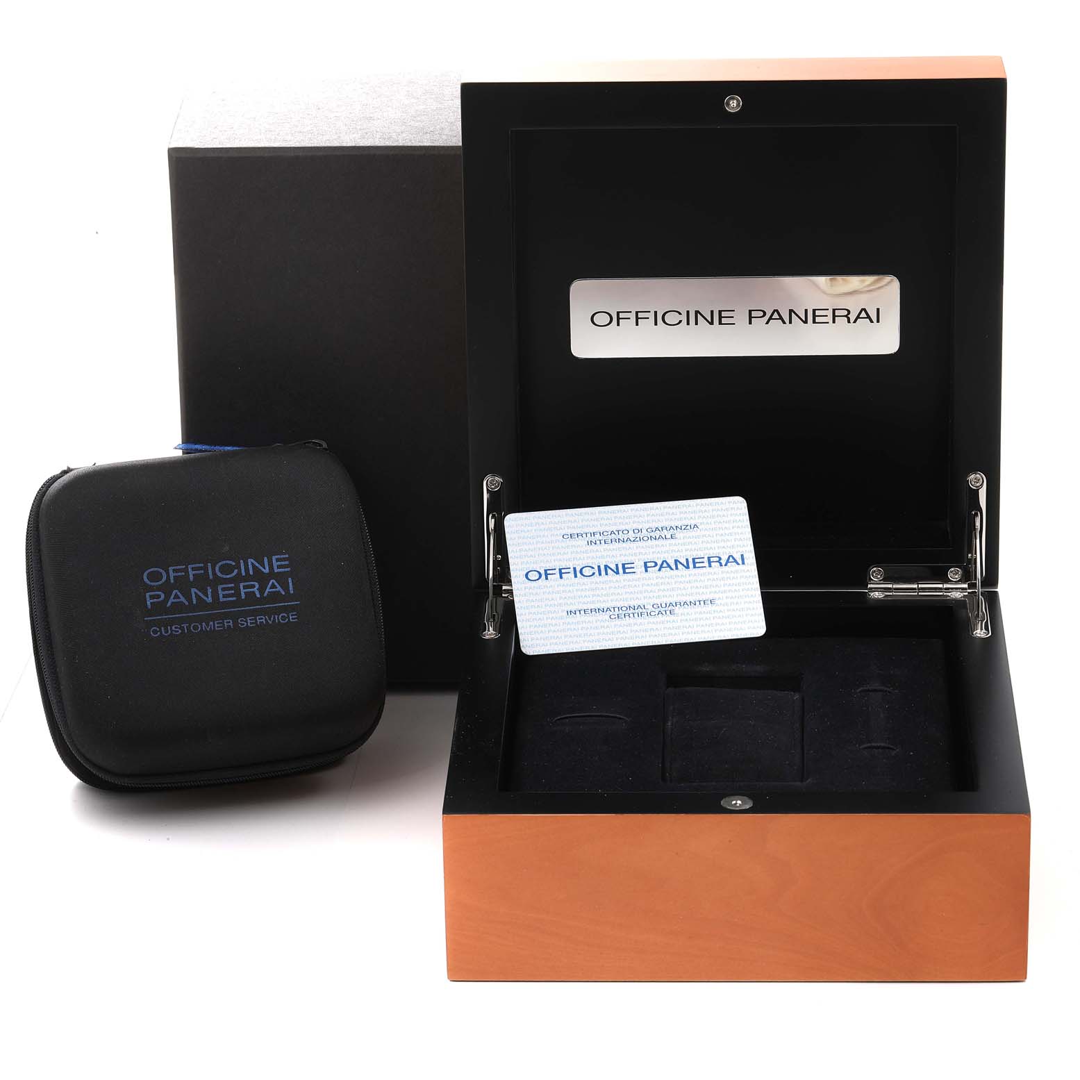 The image shows a Panerai Radiomir PAM00098 Men's Stainless Steel Black Dial PAM00098 Men's Stainless Steel Black Dial watch box, an Officine Panerai customer service case, and warranty card.