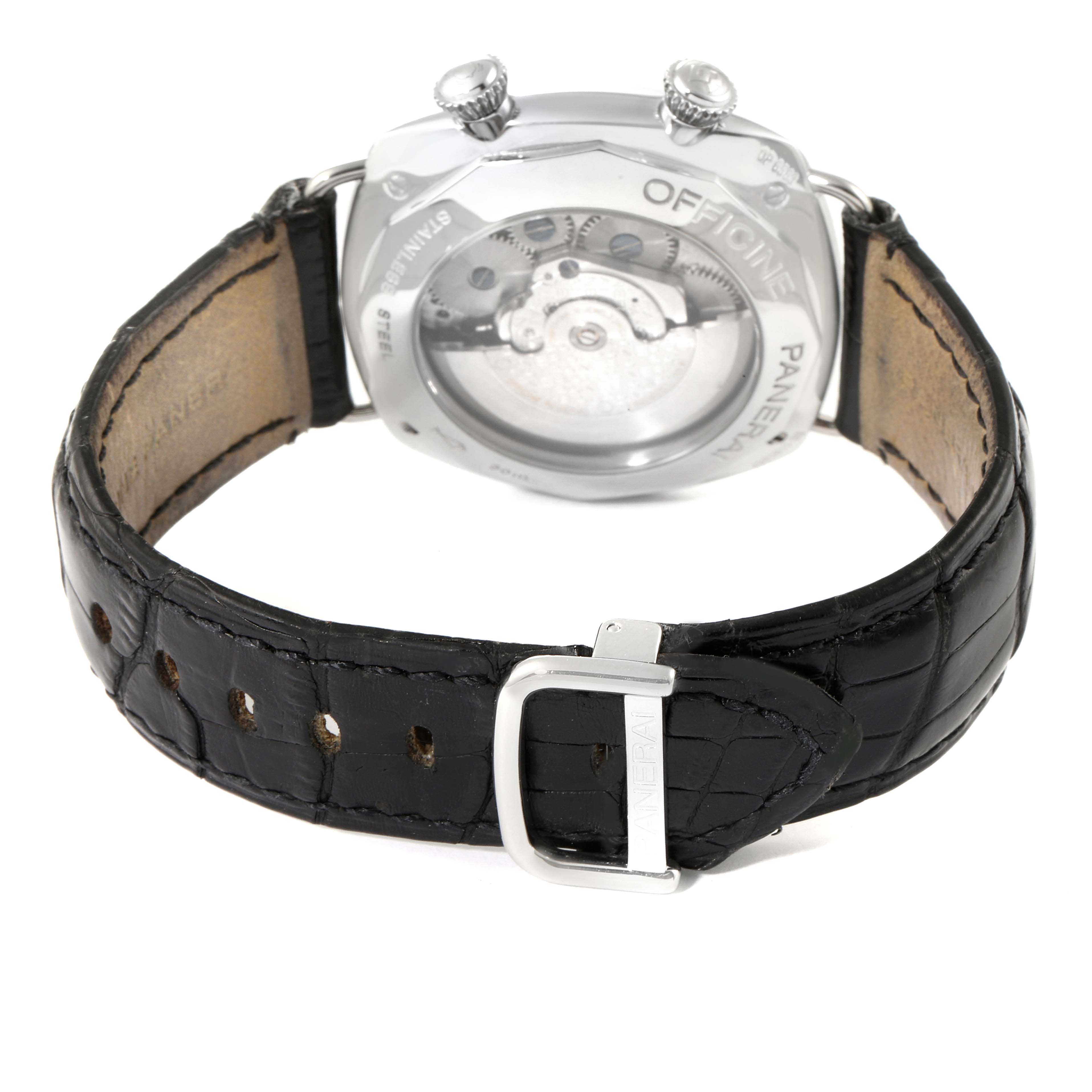The image shows the back view of a Panerai Radiomir PAM00098 Men's Stainless Steel Black Dial PAM00098 Men's Stainless Steel Black Dial watch, focusing on the leather strap and transparent case back.