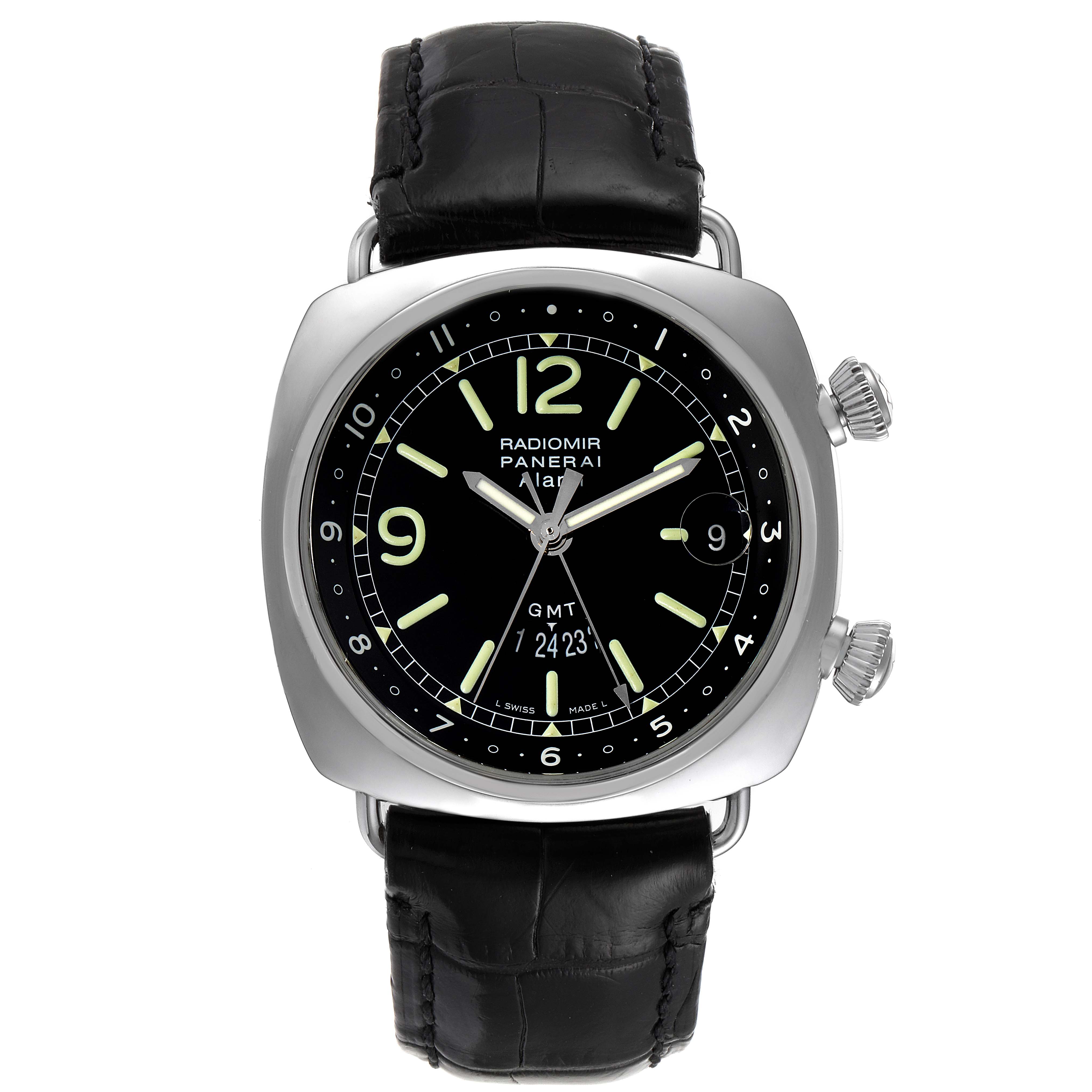 The image shows a frontal view of a Panerai Radiomir PAM00098 Men's Stainless Steel Black Dial PAM00098 Men's Stainless Steel Black Dial watch, highlighting the dial, hands, and the leather strap.