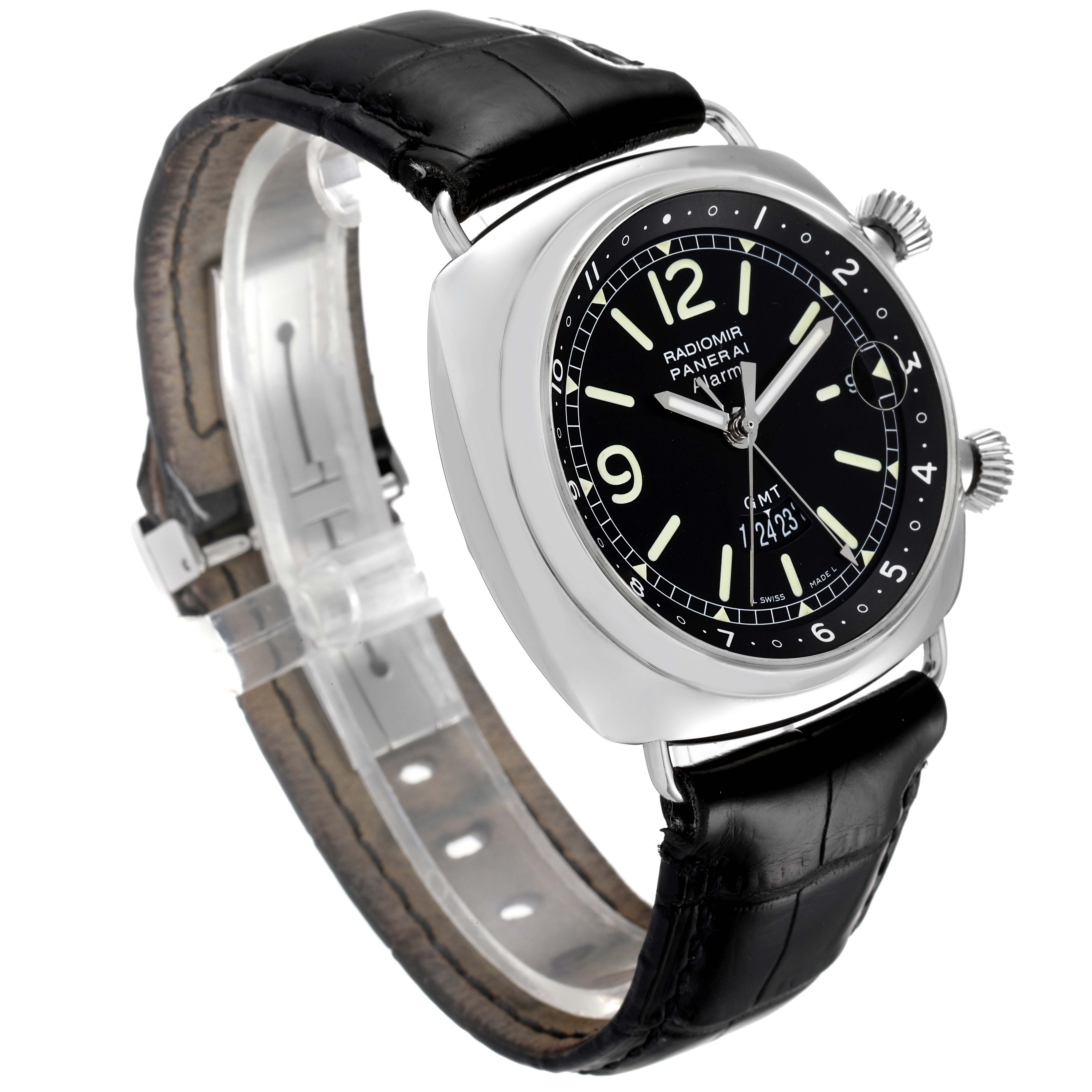 The Radiomir model by Panerai is shown at a slight angle, highlighting the front dial, case, and black leather strap.