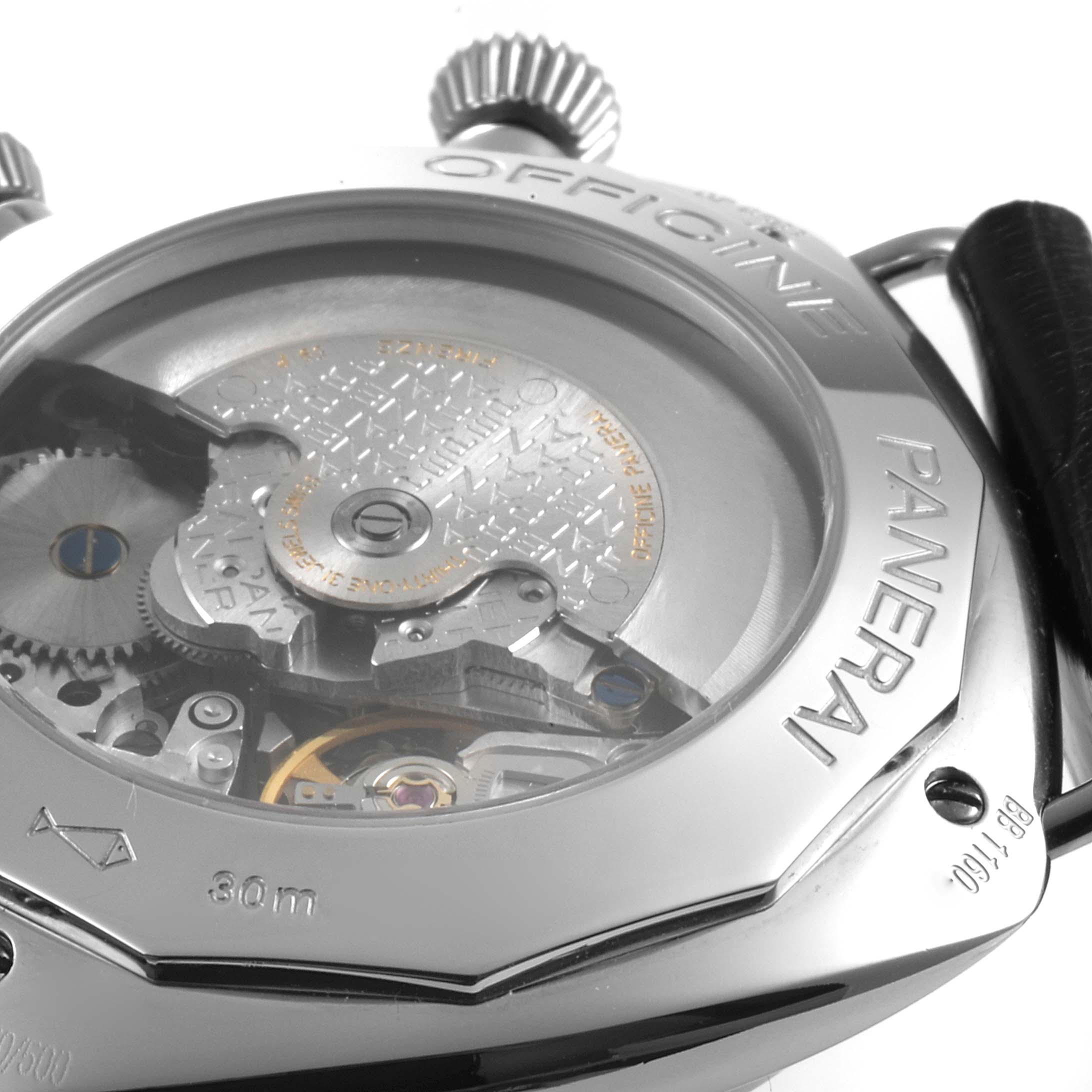 The image shows the back view of a Panerai Radiomir PAM00098 Men's Stainless Steel Black Dial PAM00098 Men's Stainless Steel Black Dial watch, highlighting its exposed movement and engraved details.