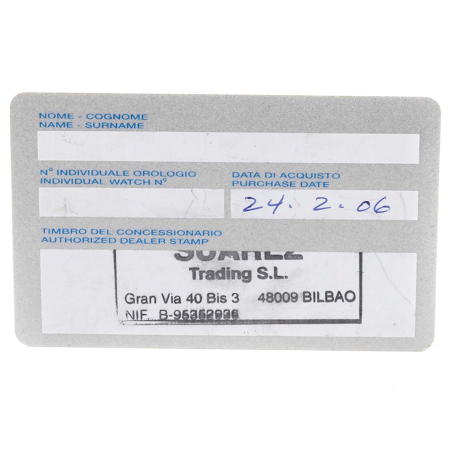 This image shows an authorized dealer stamp card for the Panerai Radiomir PAM00098 Men's Stainless Steel Black Dial PAM00098 Men's Stainless Steel Black Dial model watch.