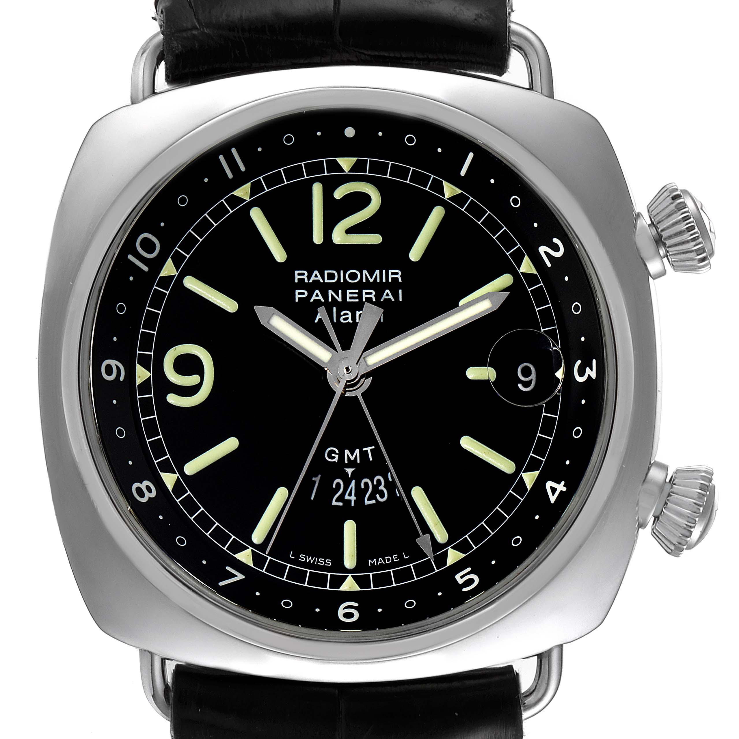 The Panerai Radiomir PAM00098 Men's Stainless Steel Black Dial PAM00098 Men's Stainless Steel Black Dial watch is shown from a top view, displaying the dial, bezel, crown, and strap.