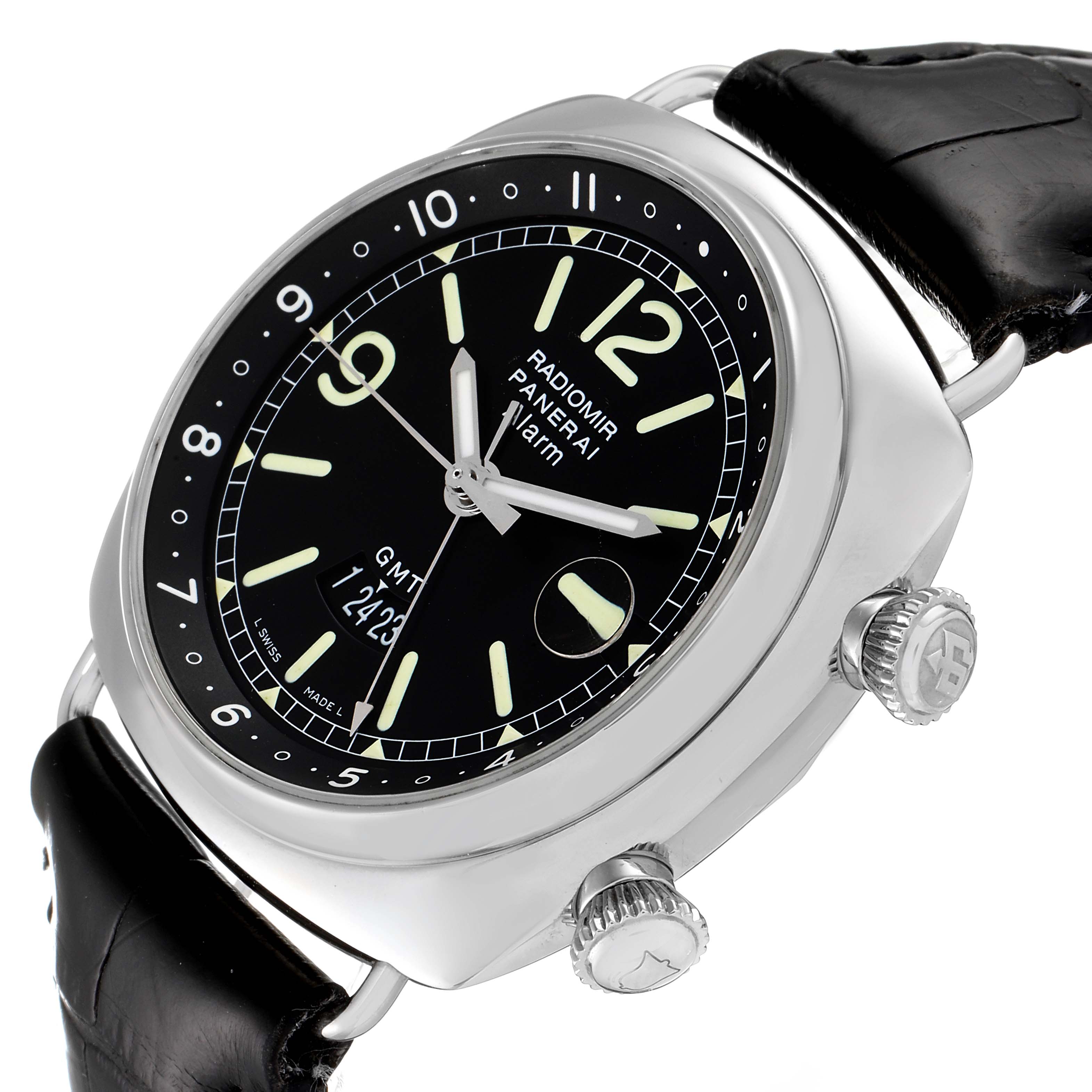 The image shows a side and angled view of the Panerai Radiomir PAM00098 Men's Stainless Steel Black Dial PAM00098 Men's Stainless Steel Black Dial watch, highlighting the watch face, crown, pushers, and black leather strap.