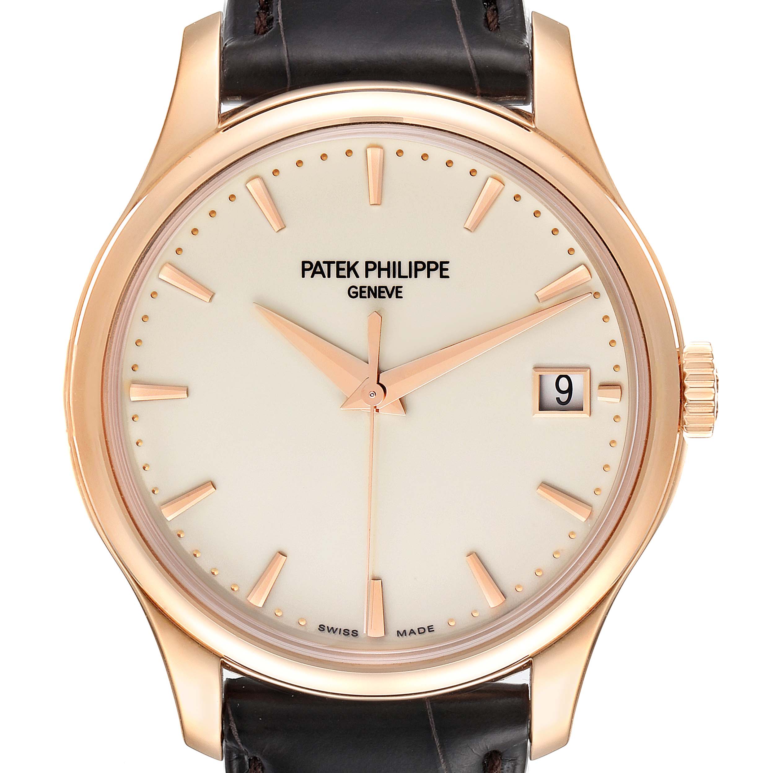 The image shows a front view of a Patek Philippe Calatrava 5227R-001 Men's Rose Gold Beige Dial 5227R-001 Men's Rose Gold Beige Dial watch, including the dial, case, crown, and part of the leather strap.