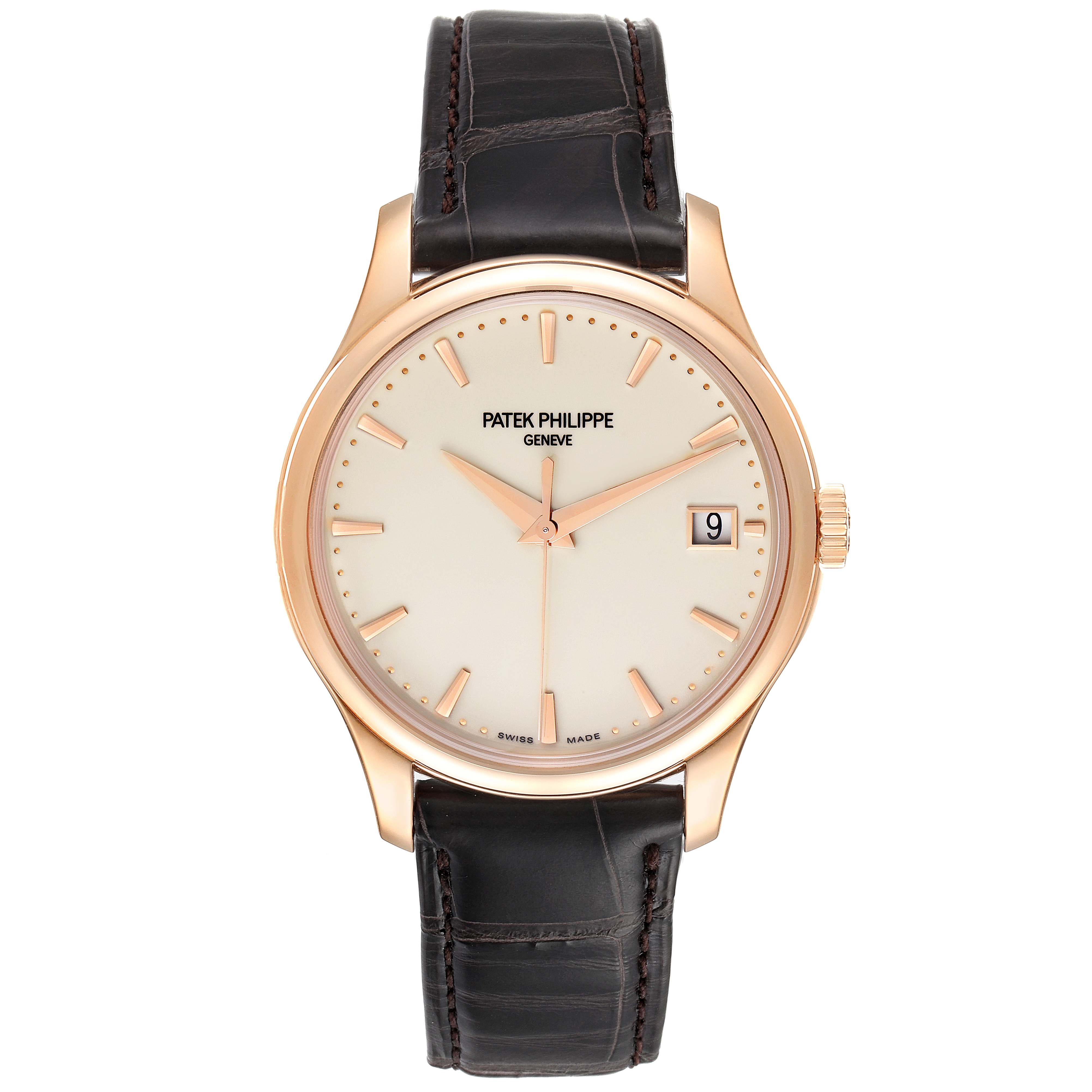 This image shows a front view of a Patek Philippe Calatrava 5227R-001 Men's Rose Gold Beige Dial 5227R-001 Men's Rose Gold Beige Dial watch featuring a leather strap and a date display.