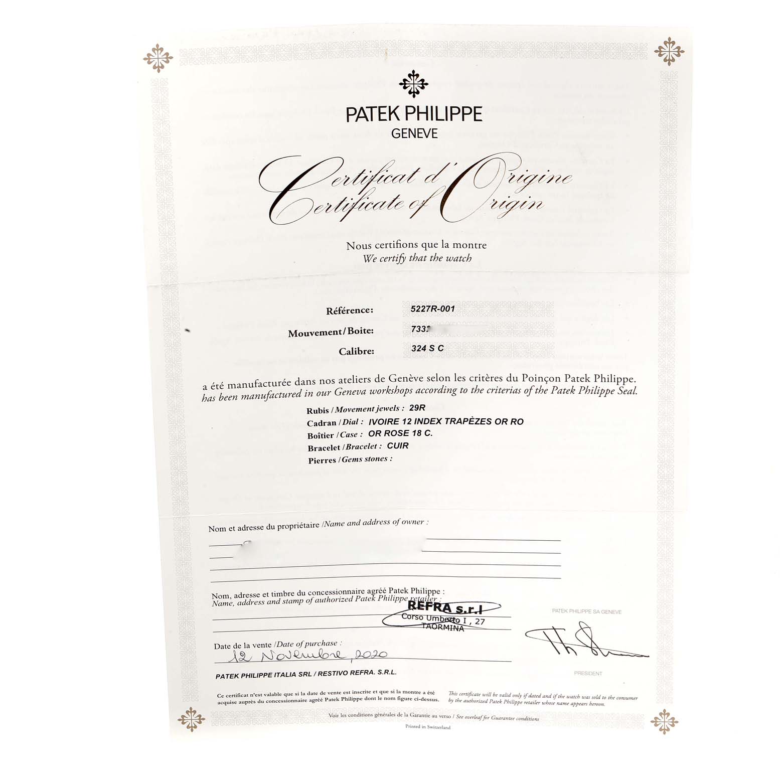 The image shows the Certificate of Origin for a Patek Philippe Calatrava 5227R-001 Men's Rose Gold Beige Dial 5227R-001 Men's Rose Gold Beige Dial model 5227R-001 watch.