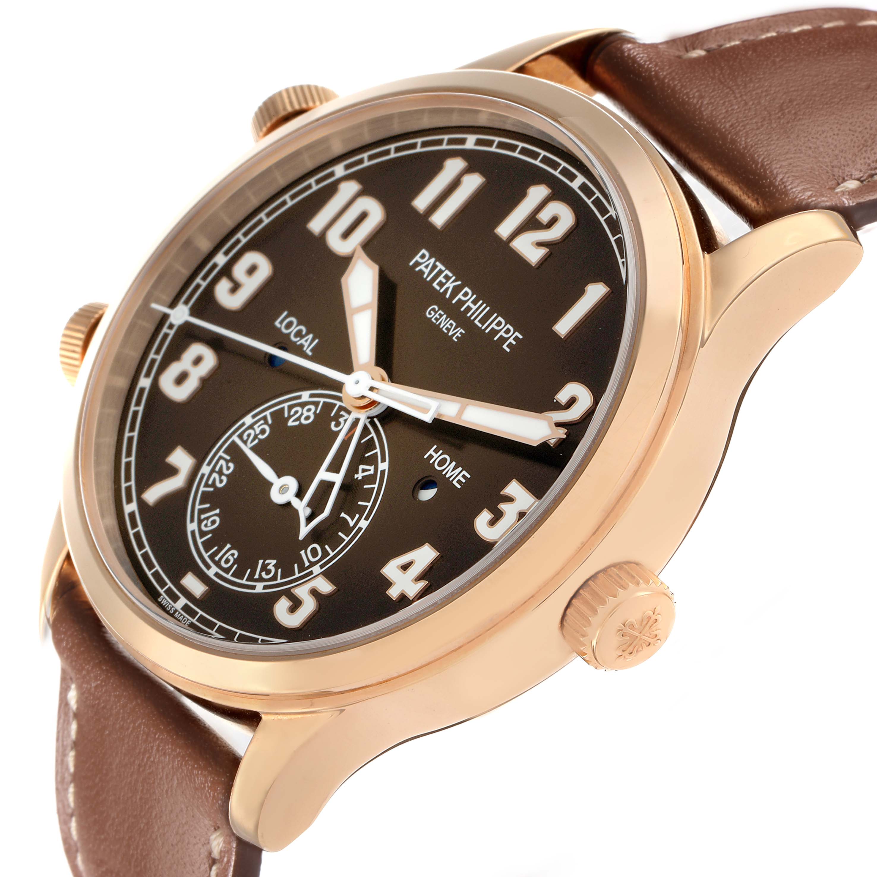 The Patek Philippe Calatrava 5524R-001 Men
s Rose Gold Brown Dial watch is shown at an oblique angle, highlighting the face, case, crown, and part of the brown strap.