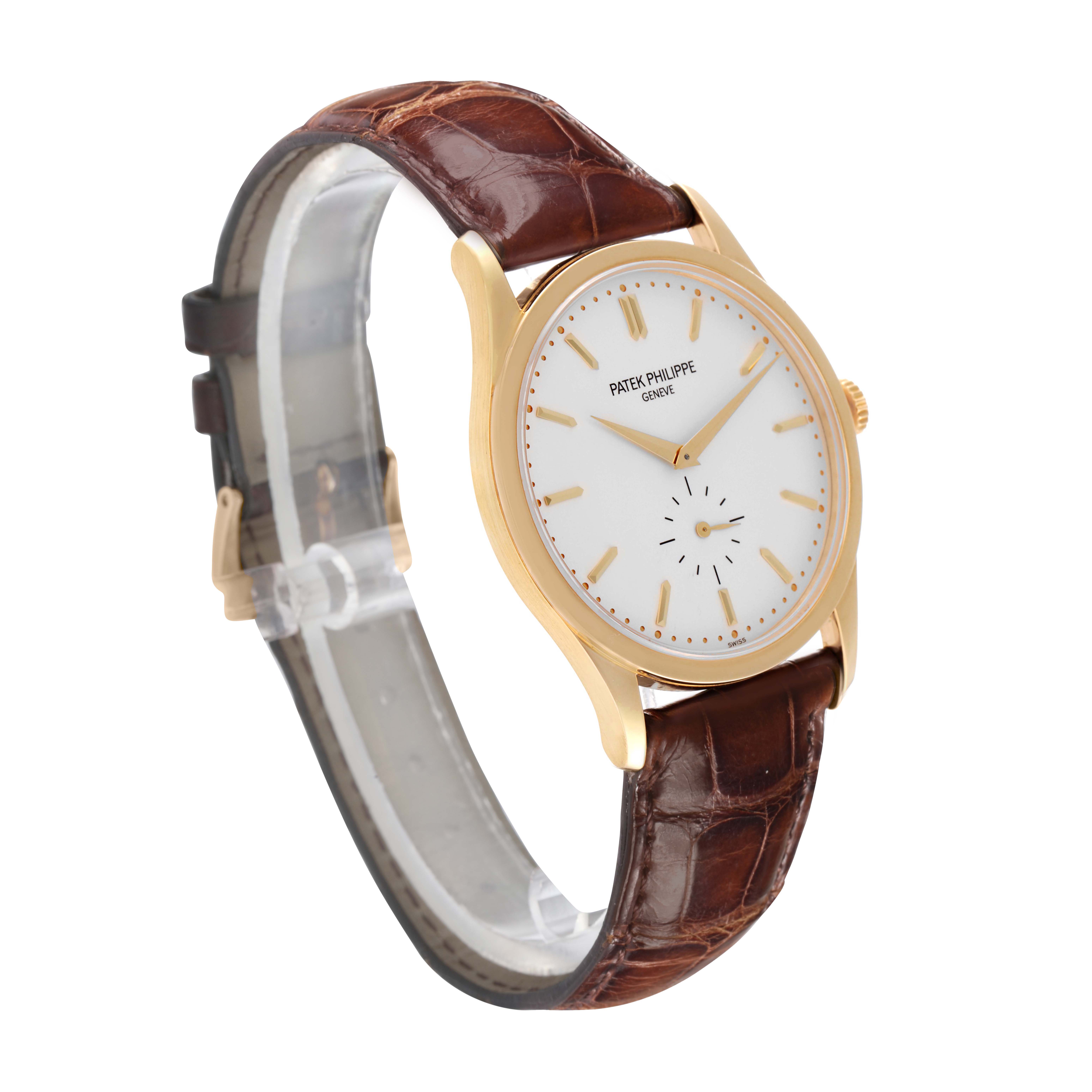 The Patek Philippe Calatrava 5196J is shown at a side angle, highlighting the yellow gold case, silver dial, and brown leather strap.