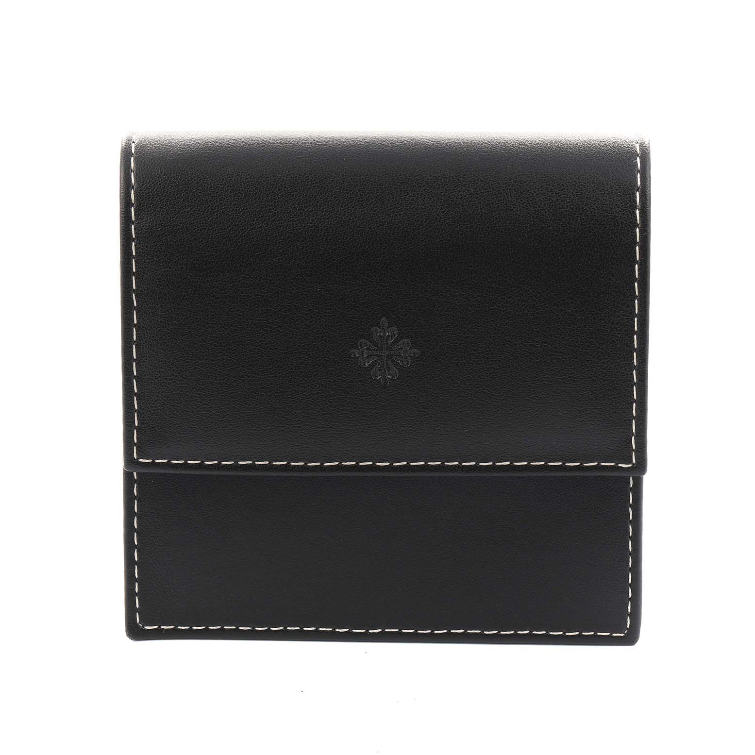This image shows a black leather pouch, likely an accessory for the Patek Philippe Calatrava 5196J watch.