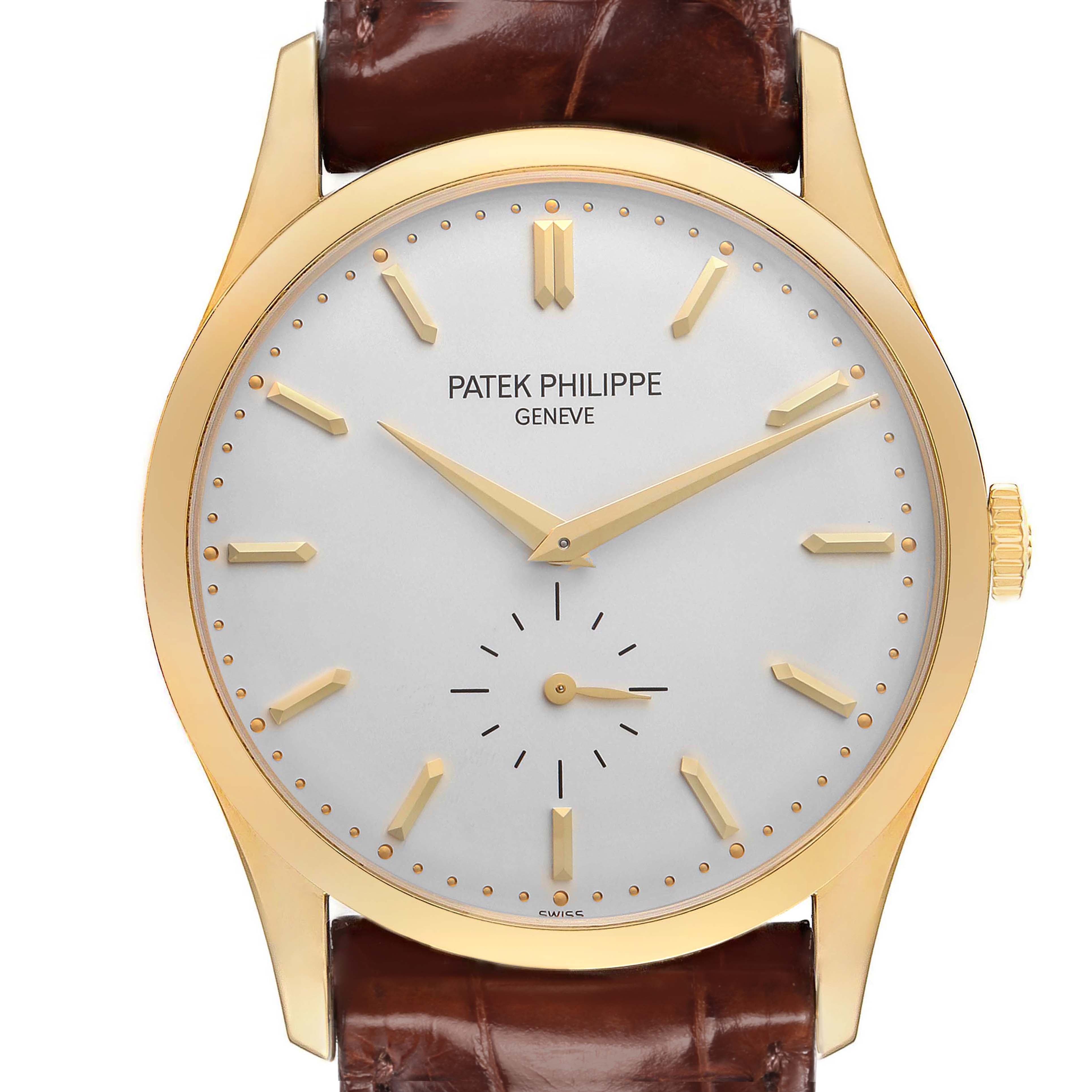 The image shows a front view of the Patek Philippe Calatrava 5196J watch, displaying its yellow gold casing and silver dial.