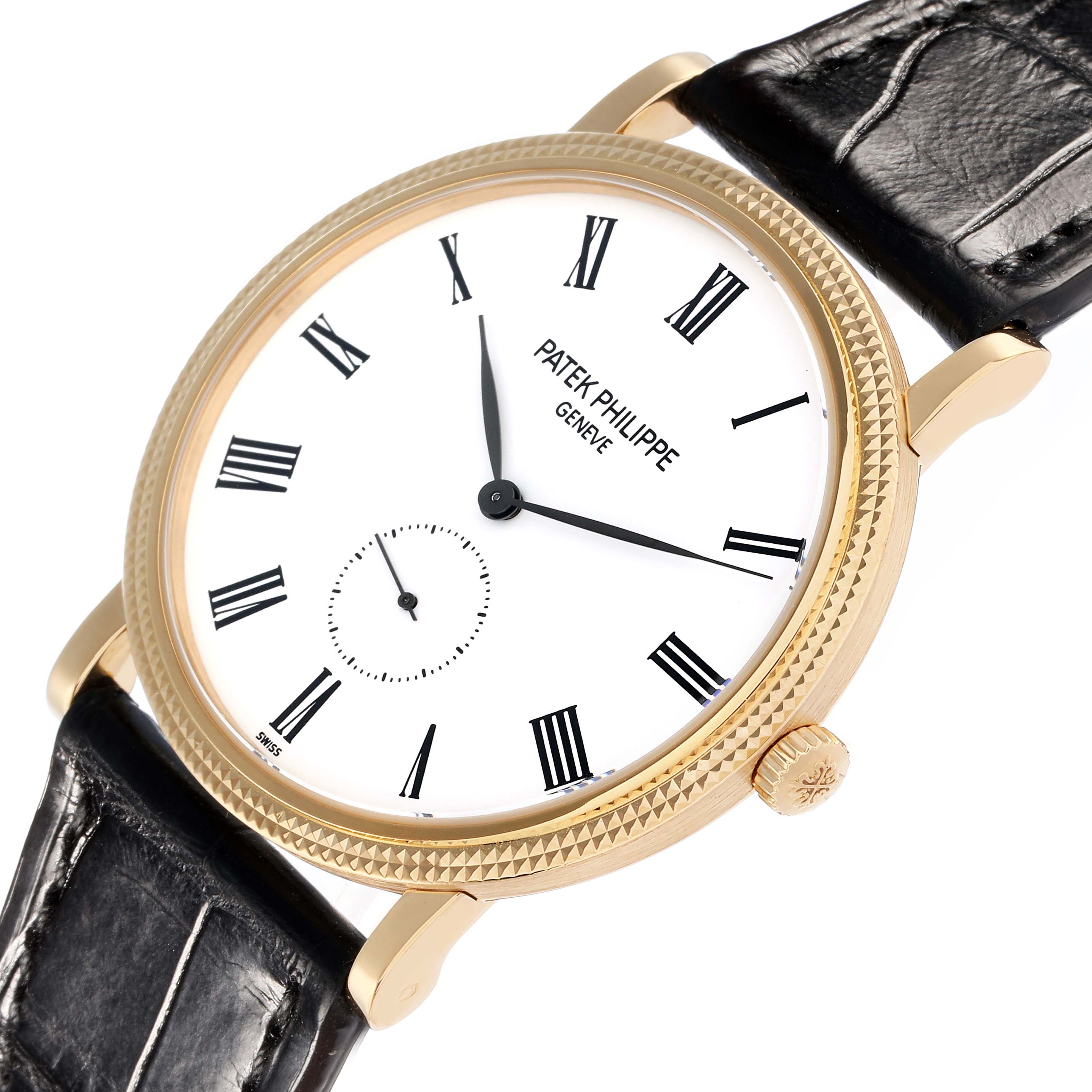 The Patek Philippe Calatrava 5119J-001 Men
s Yellow Gold White Dial watch is shown at an oblique angle displaying its face, gold bezel, crown, and leather strap.