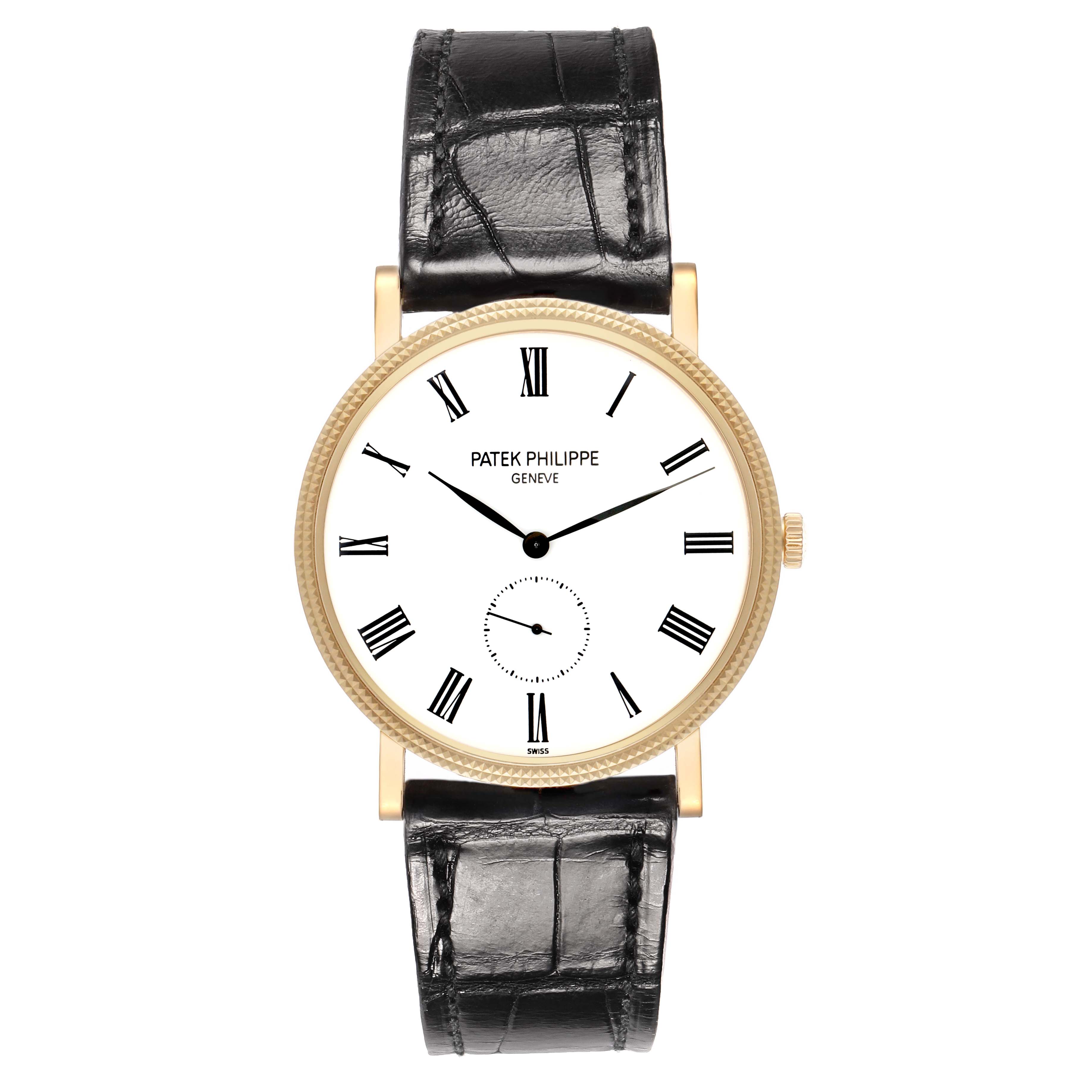 The Patek Philippe Calatrava 5119J-001 Men
s Yellow Gold White Dial watch is shown from a top-down angle, highlighting the dial, case, and leather strap.