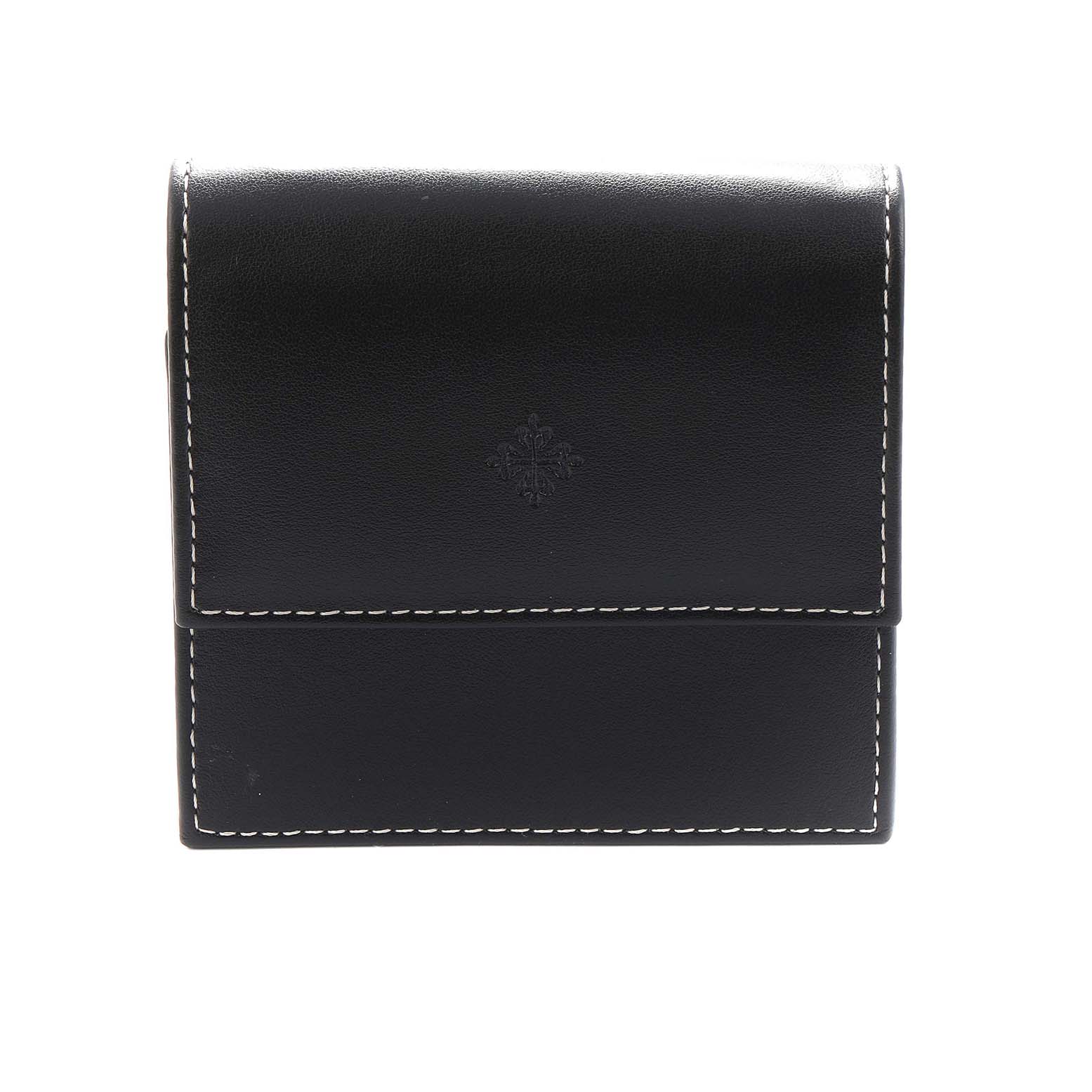 The image shows a black leather case for a Patek Philippe Calatrava 5119J-001 Men
s Yellow Gold White Dial watch, with white stitching and a subtle embossed logo.