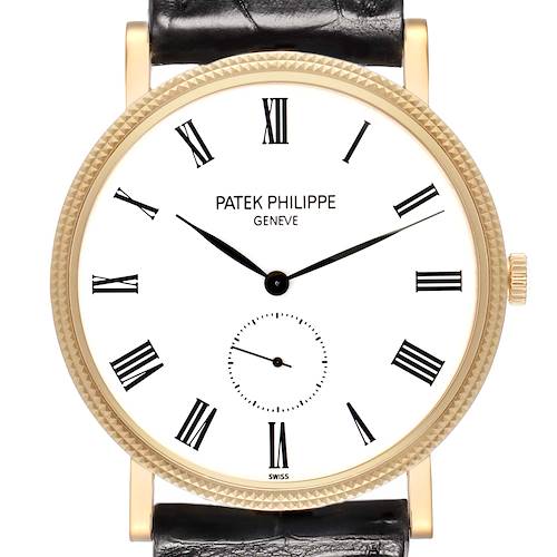 The Patek Philippe Calatrava 5119J-001 Men's Yellow Gold White Dial watch is shown from a front angle, displaying the dial, hands, markers, and part of the leather strap.