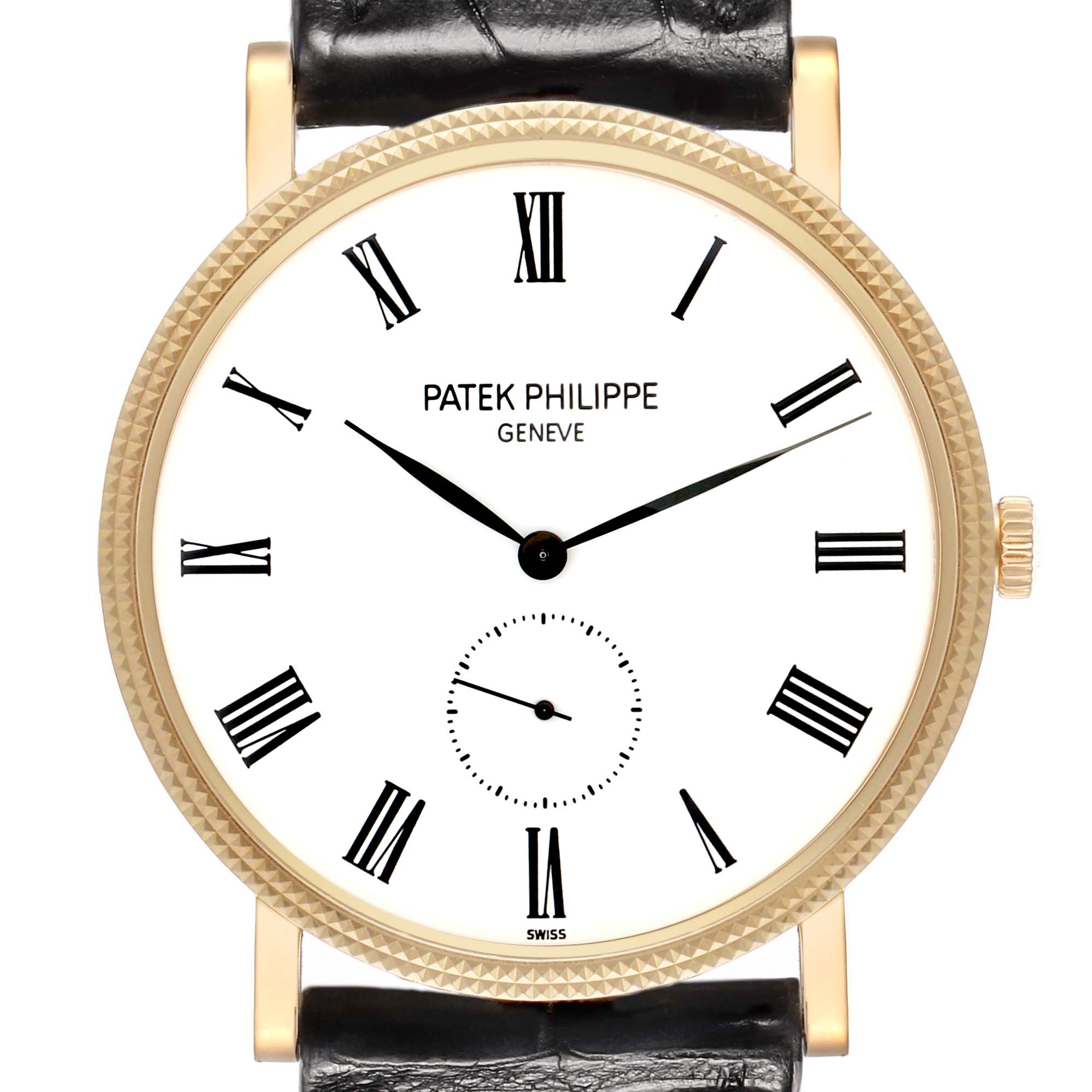 The image shows a frontal view of the Patek Philippe Calatrava 5119J-001 Men
s Yellow Gold White Dial watch, highlighting the case, dial, and leather strap.
