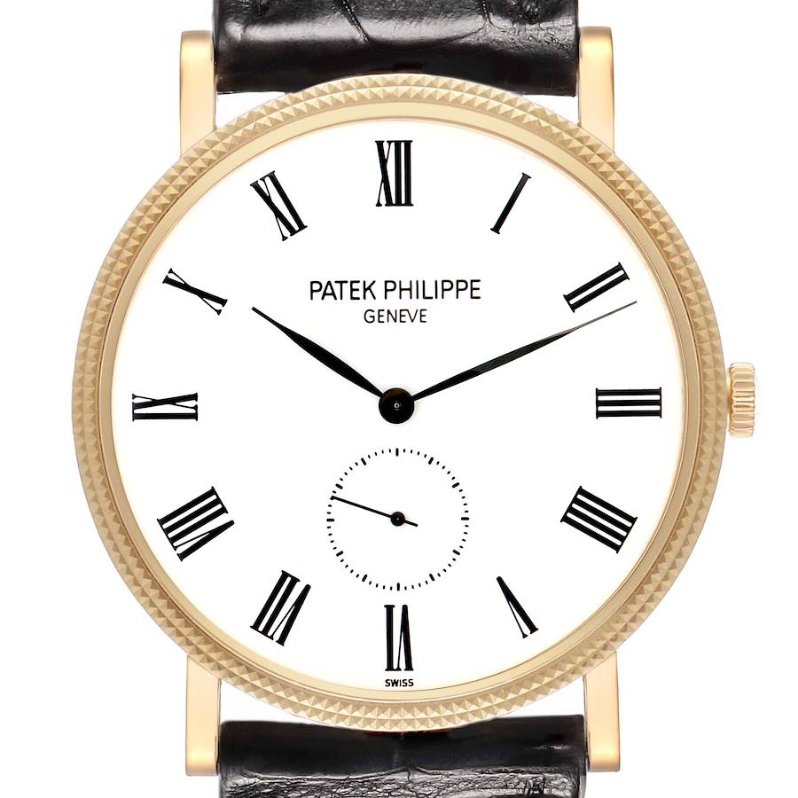 The image shows a frontal view of the Patek Philippe Calatrava 5119J-001 Men's Yellow Gold White Dial watch, highlighting the case, dial, and leather strap.