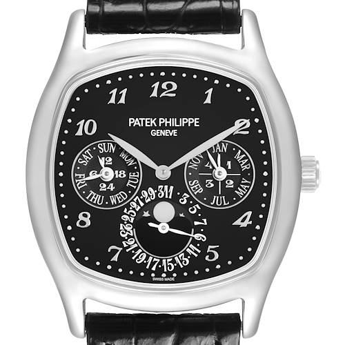 The Patek Philippe Complications 5940G - 001 Men's White Gold Black Dial watch is shown from the front, displaying its dial with calendar subdials and a moon phase.