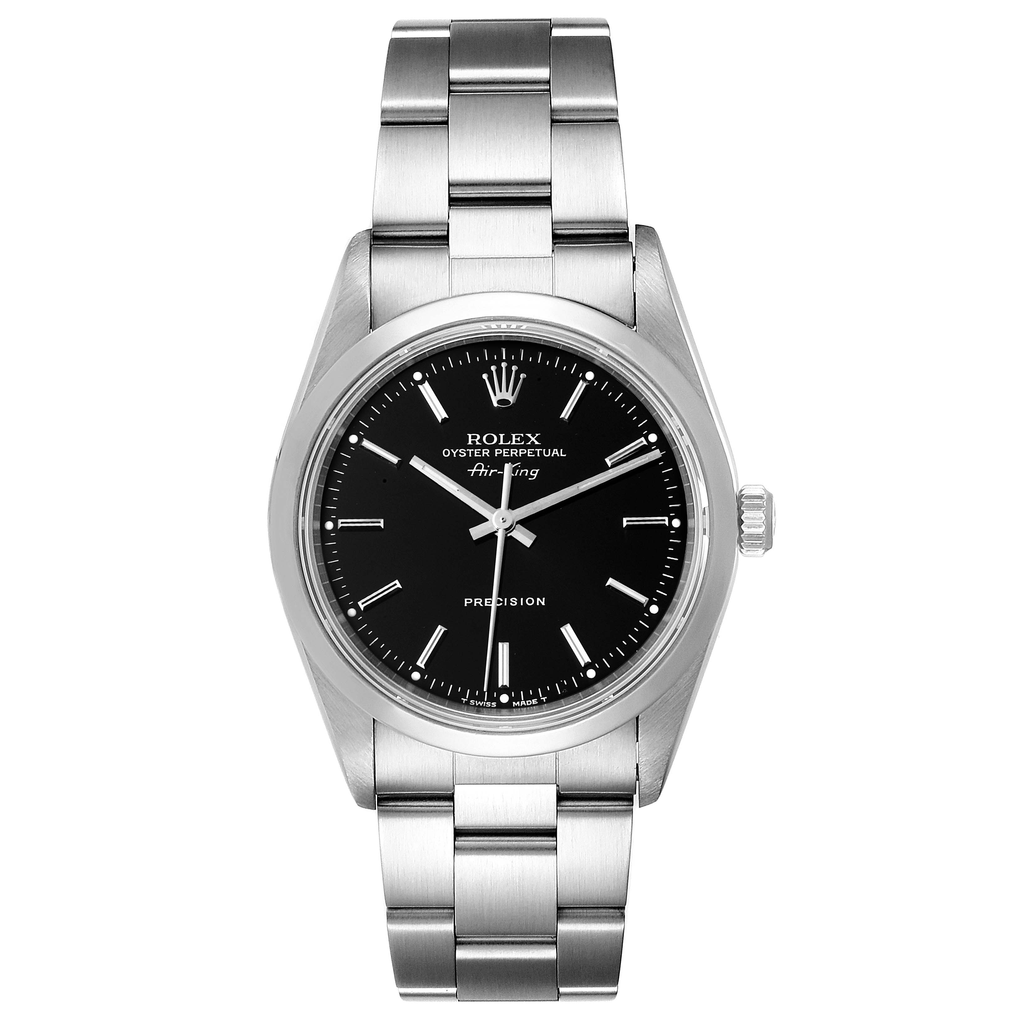 The image shows a front view of a Rolex Air-King 14000 Men's Stainless Steel Black Dial 14000 Men's Stainless Steel Black Dial watch, highlighting the dial, hands, bezel, and bracelet.