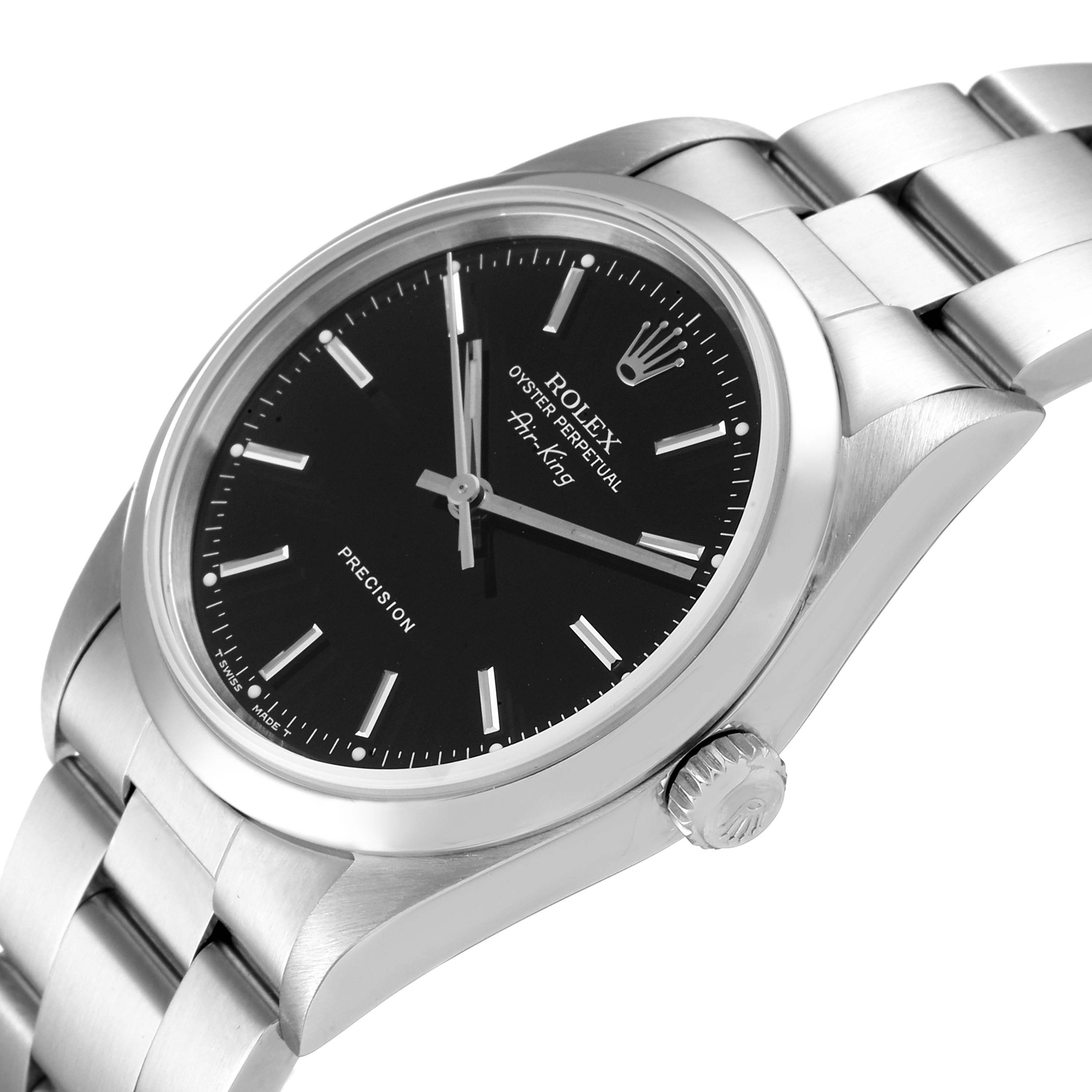 The image shows a Rolex Air-King 14000 Men's Stainless Steel Black Dial 14000 Men's Stainless Steel Black Dial watch at a slight angle, displaying the dial, crown, and part of the bracelet.