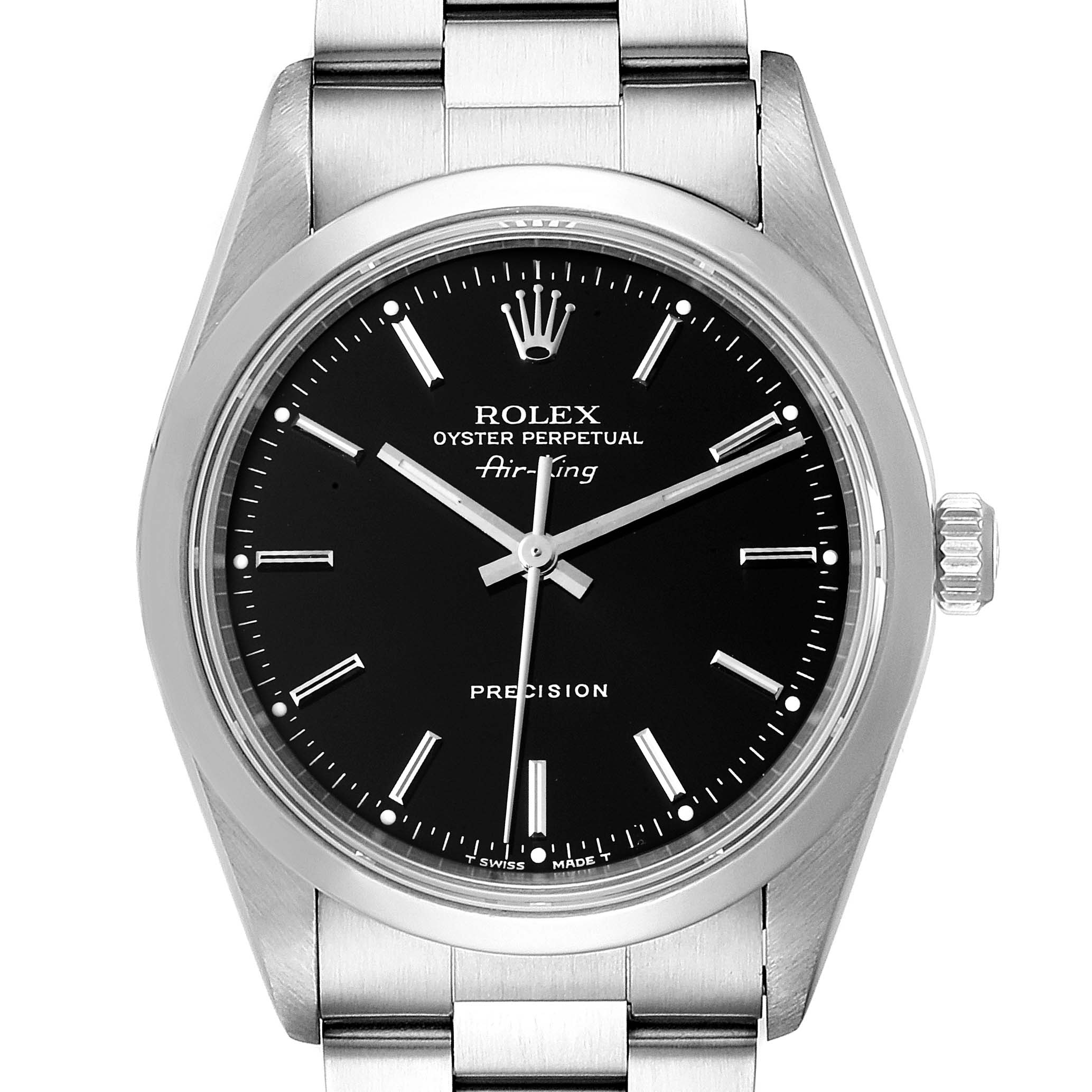 The image shows a front view of a Rolex Air-King 14000 Men's Stainless Steel Black Dial 14000 Men's Stainless Steel Black Dial watch, featuring its black dial, silver hands, and stainless steel bracelet.