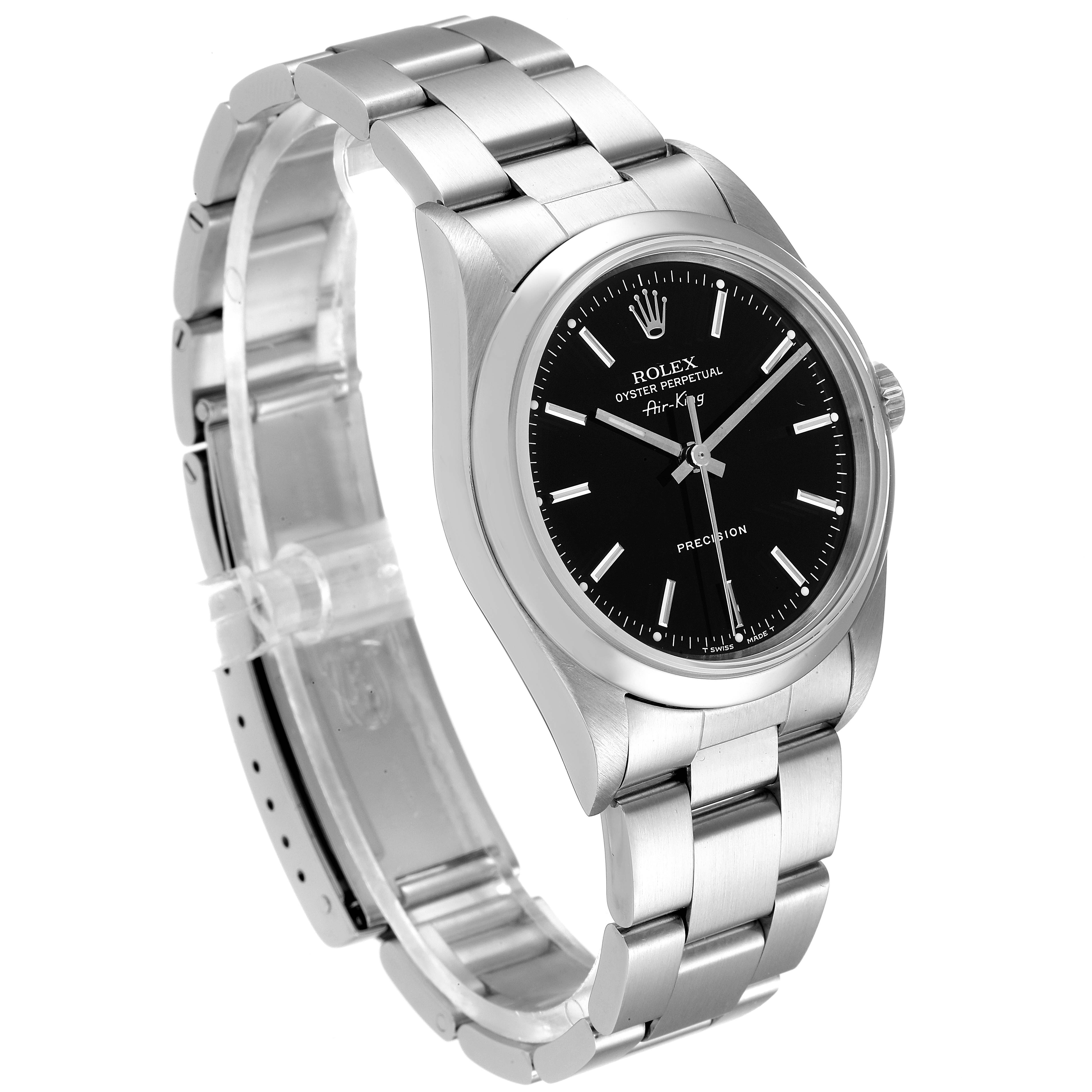 The Rolex Air-King 14000 Men's Stainless Steel Black Dial 14000 Men's Stainless Steel Black Dial watch is shown at a slight angle displaying the face, case, and partially the bracelet.
