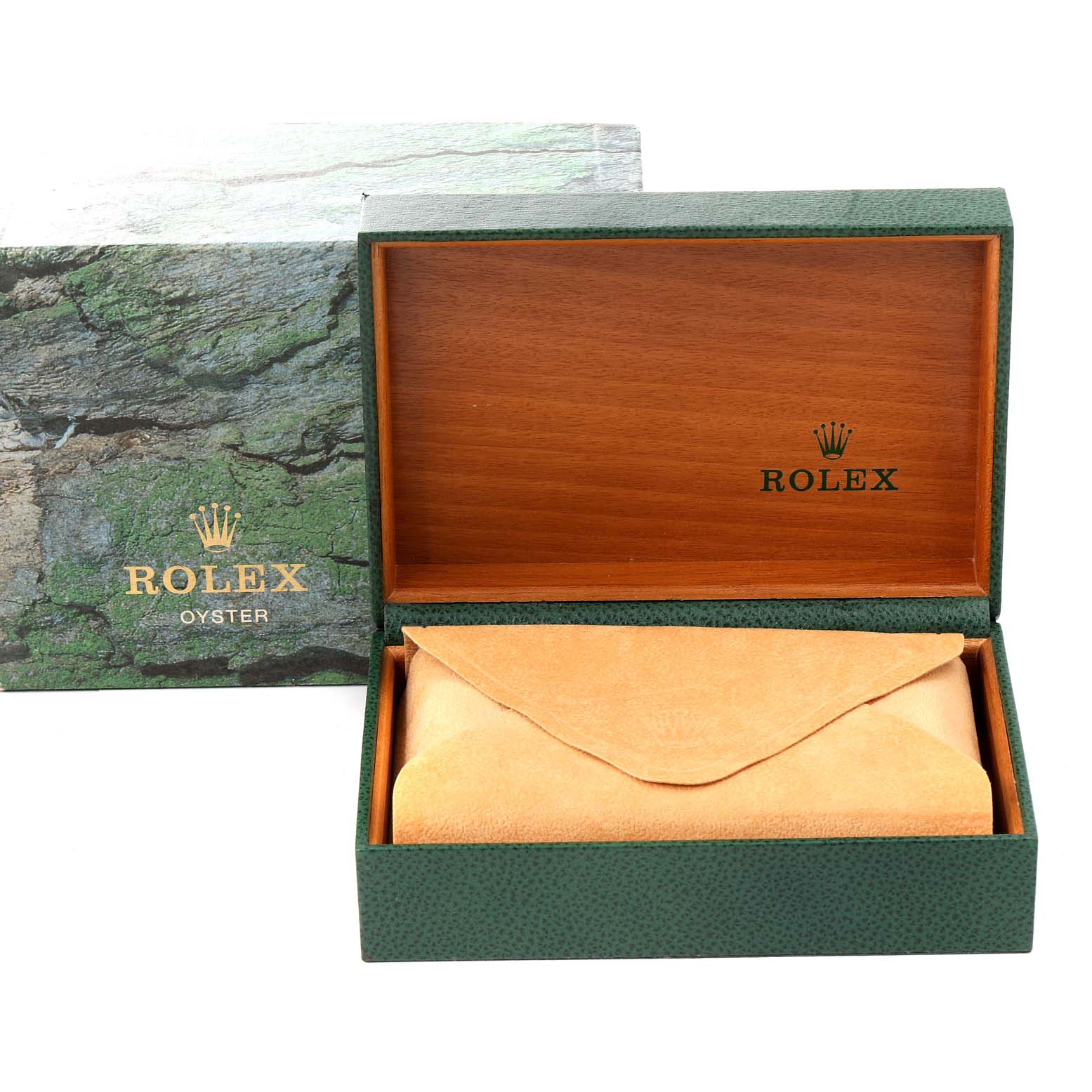 The image displays an open box for a Rolex Air-King 14000 Men's Stainless Steel Black Dial 14000 Men's Stainless Steel Black Dial watch along with an outer packaging box.