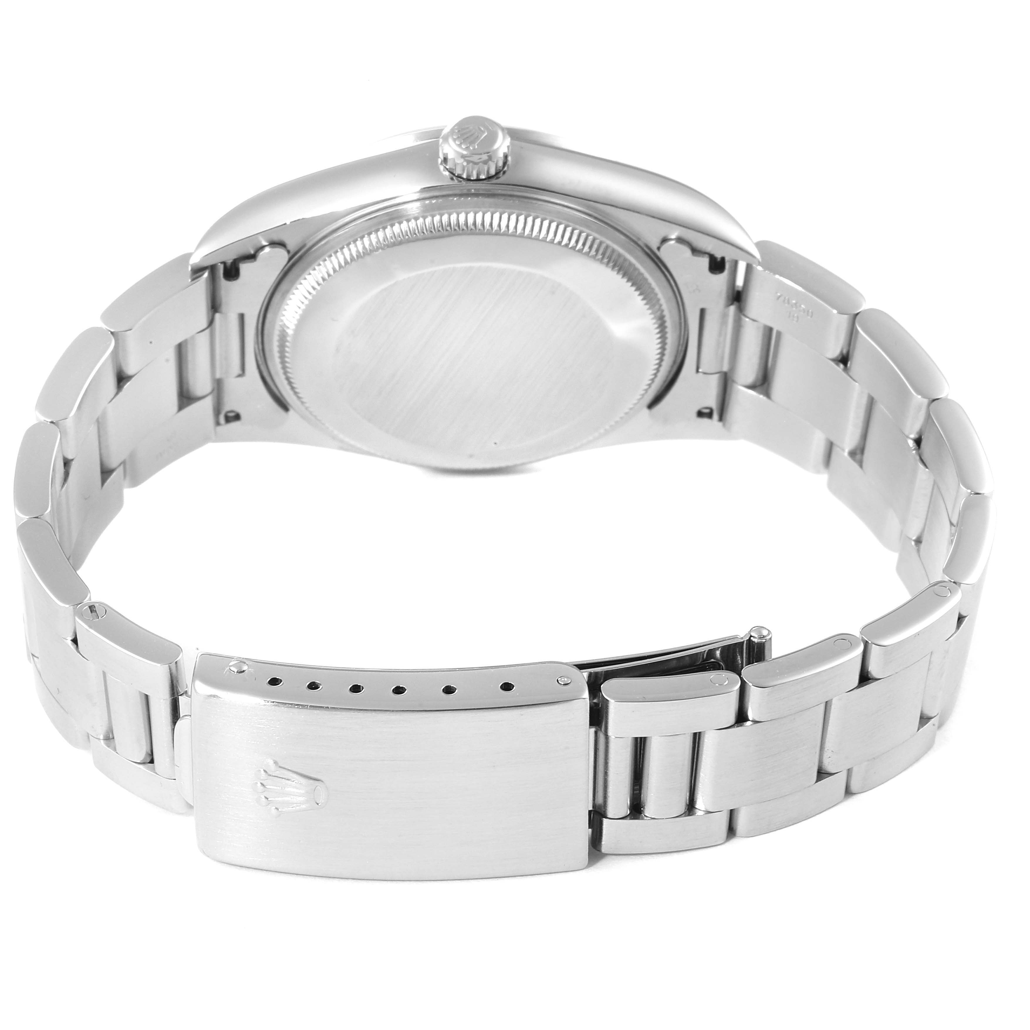 The image shows the back angle of a Rolex Air-King 14000 Men's Stainless Steel Black Dial 14000 Men's Stainless Steel Black Dial watch, highlighting its case back, crown, and clasp.